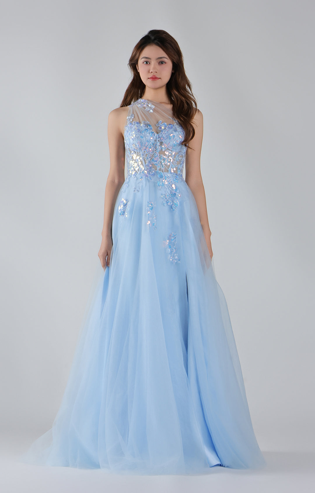 One Shoulder Floral Appliquéd Sheer A-line Dresses