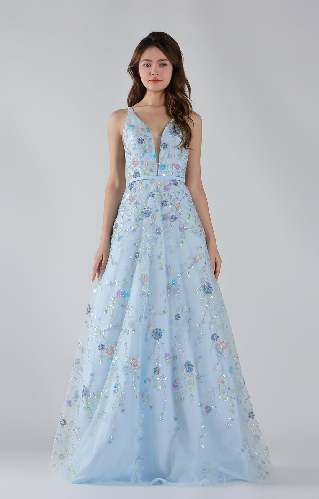 Lace-Up Straps Deep V-Neck Floral Sequin A-Line Dresses