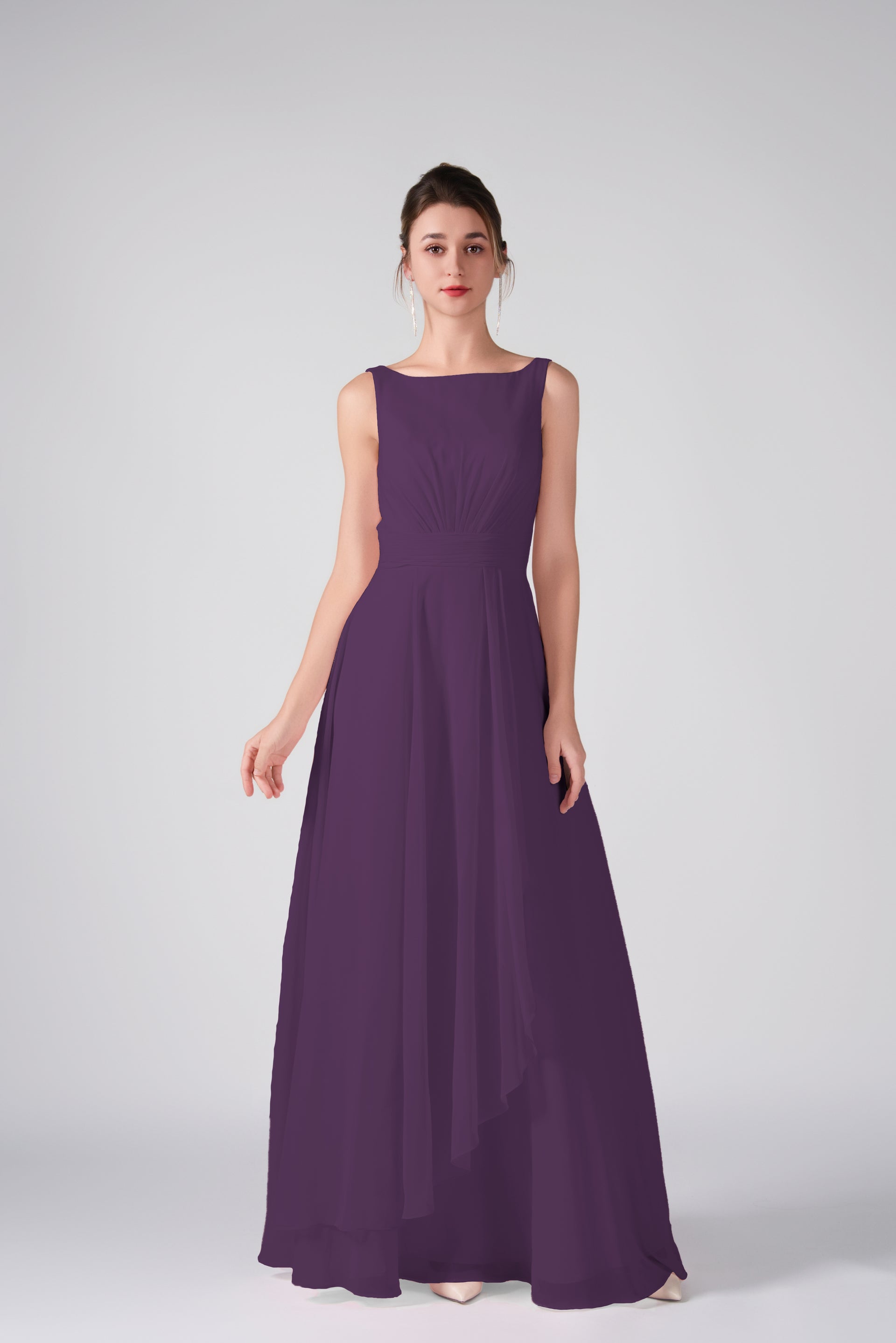 Bateau Neckline Sleeveless Ruched A-Line Maxi Dress