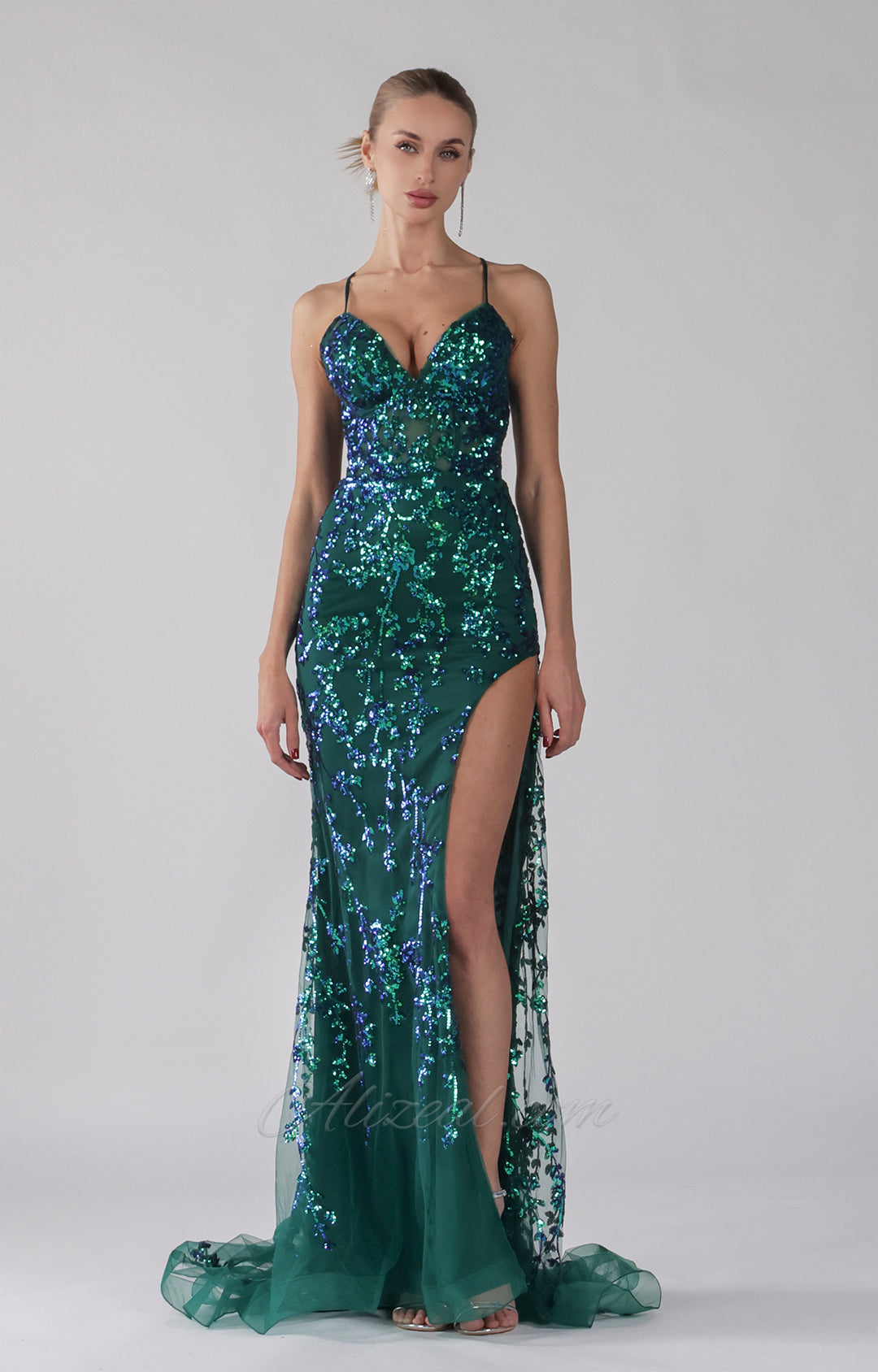 Sequins Spaghetti Straps Side Split Lace-up Dresses