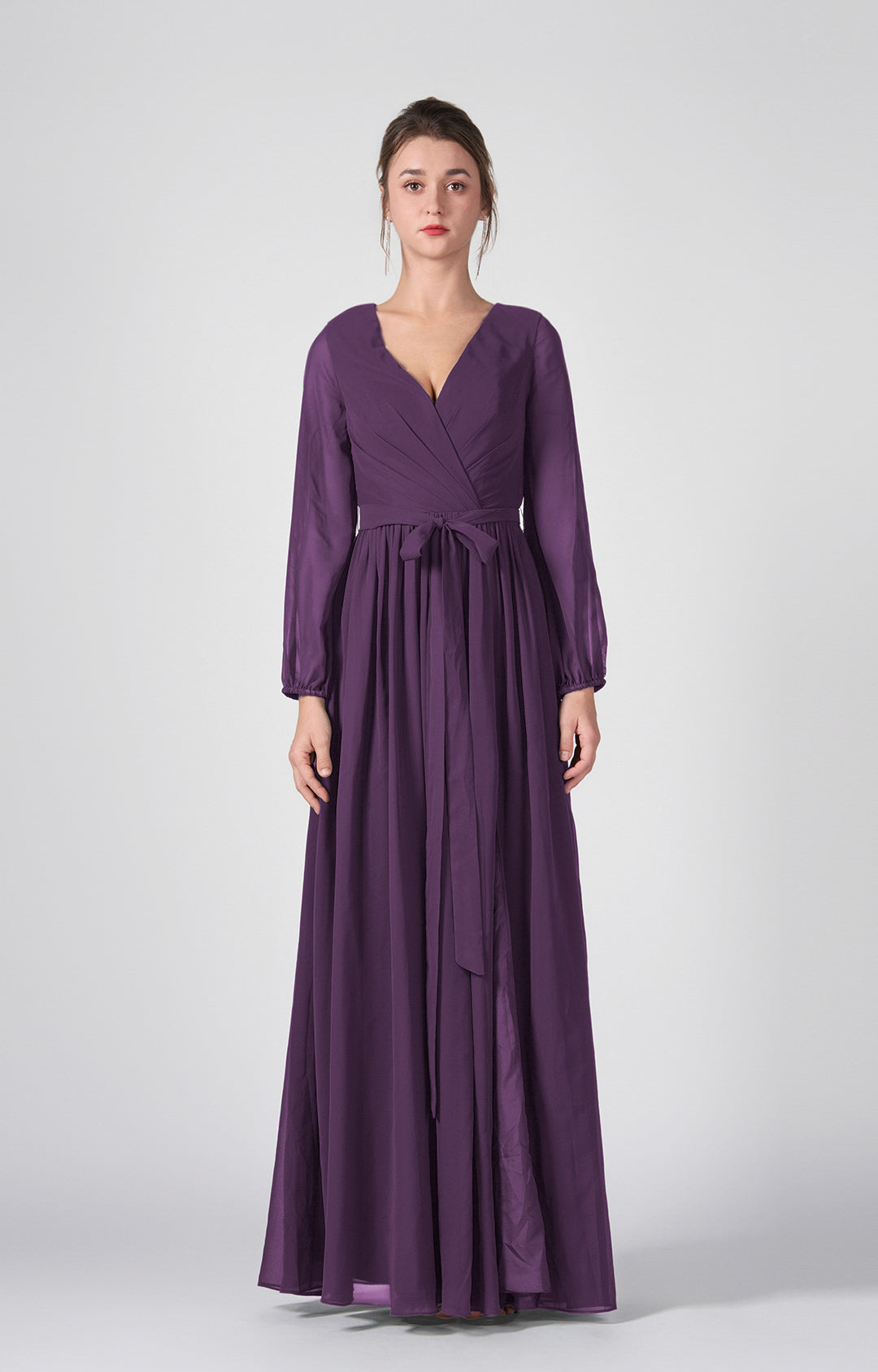 Ruched V-Neck Long Sleeve Split Maxi Dresses with Tie