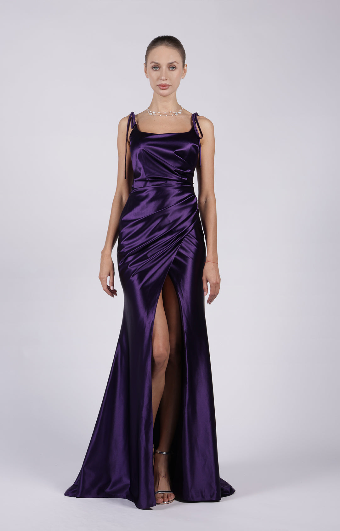 Square-Neck Adjustable Strap Pleated High Split Skinny Sweep Train Dresses