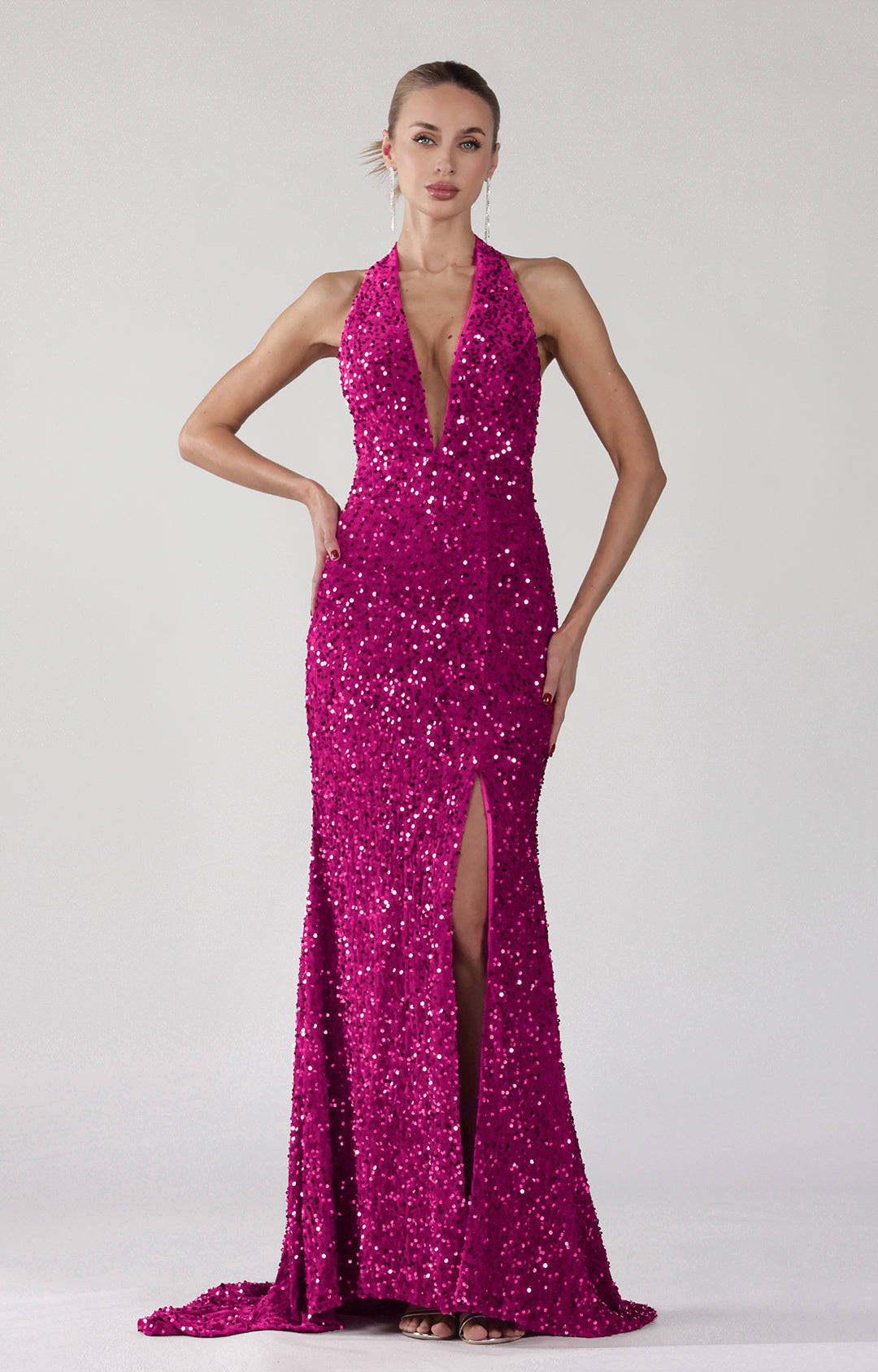 Halter Deep V-Neck Front Split Open Back Sparkling Dress