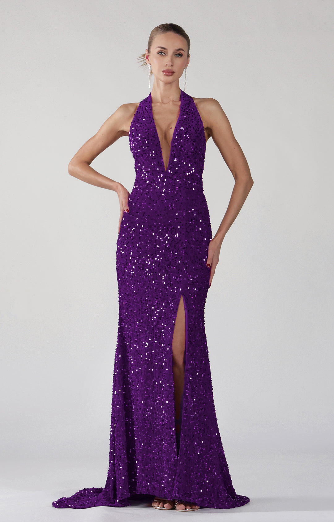 Halter Deep V-Neck Front Split Open Back Sparkling Dress