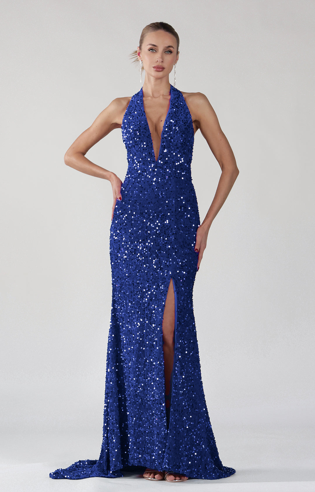 Halter Deep V-Neck Front Split Open Back Sparkling Dress