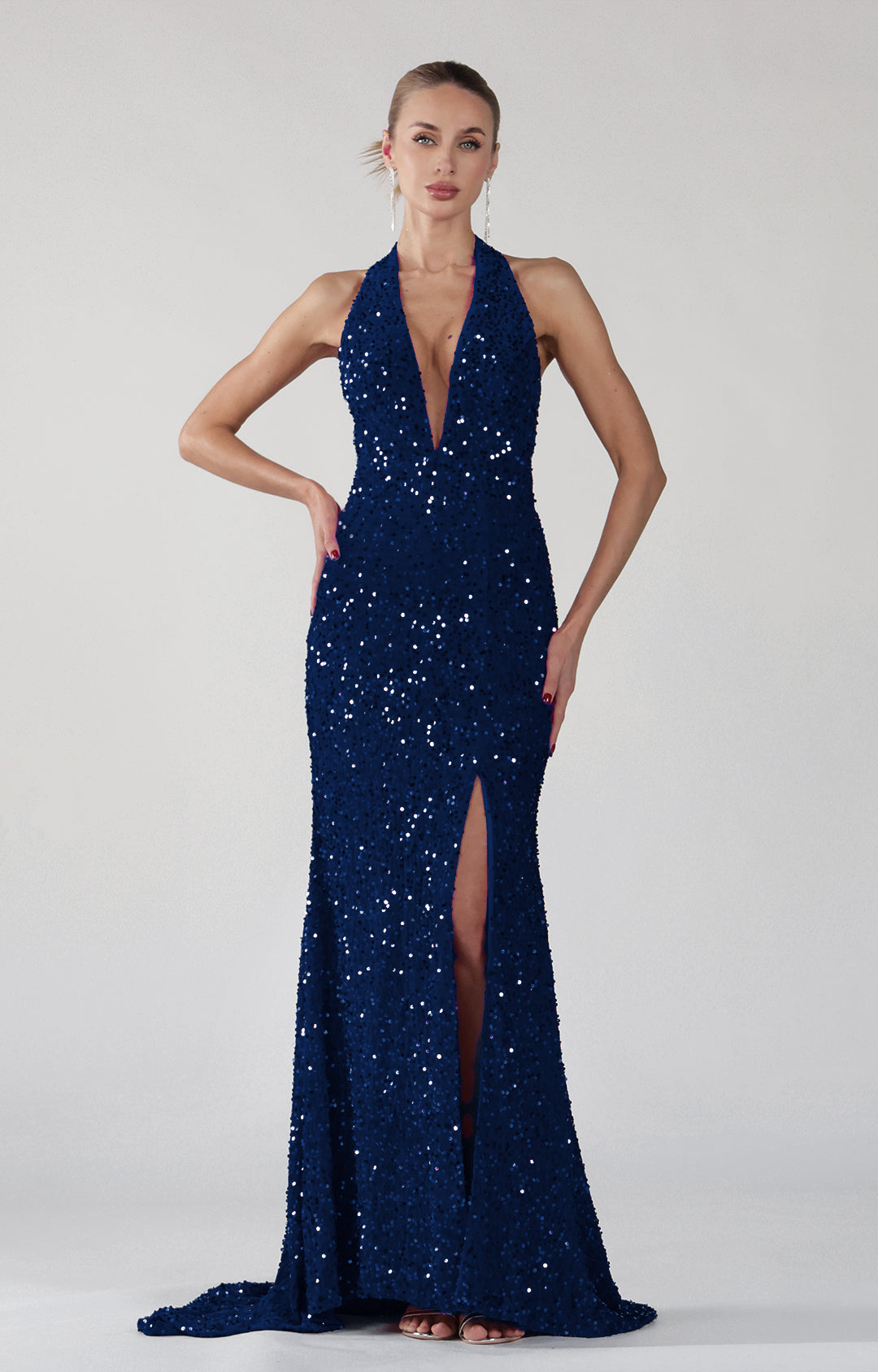 Halter Deep V-Neck Front Split Open Back Sparkling Dress