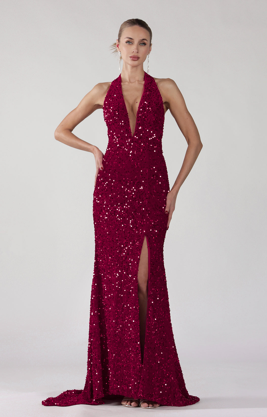 Halter Deep V-Neck Front Split Open Back Sparkling Dress