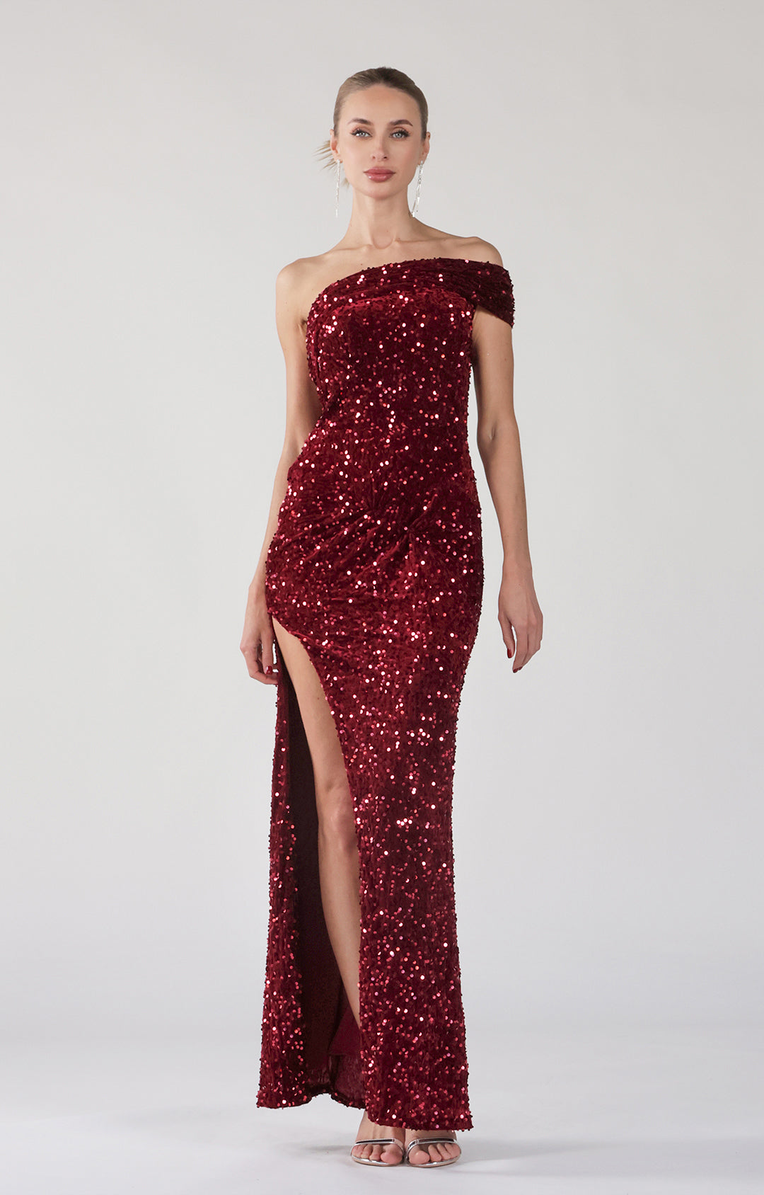One Shoulder High Side Split Sparkly Sequins Sheath Maxi Dress