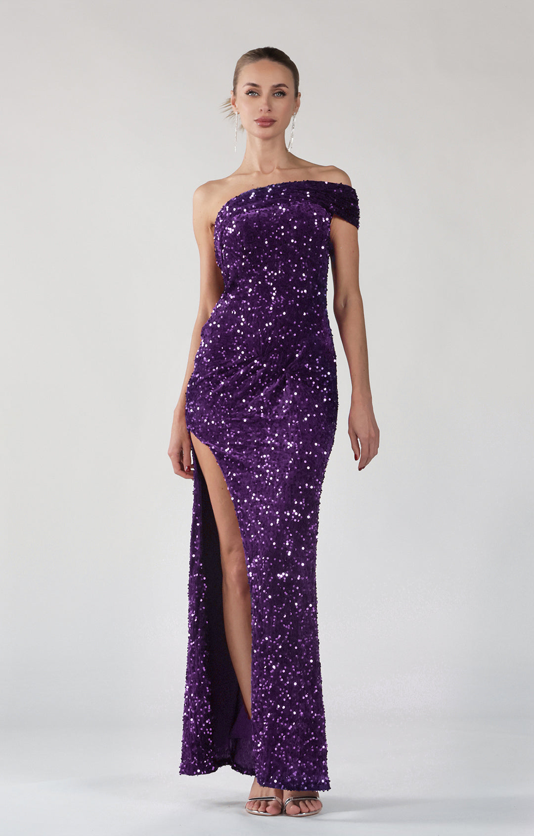 One Shoulder High Side Split Sparkly Sequins Sheath Maxi Dress