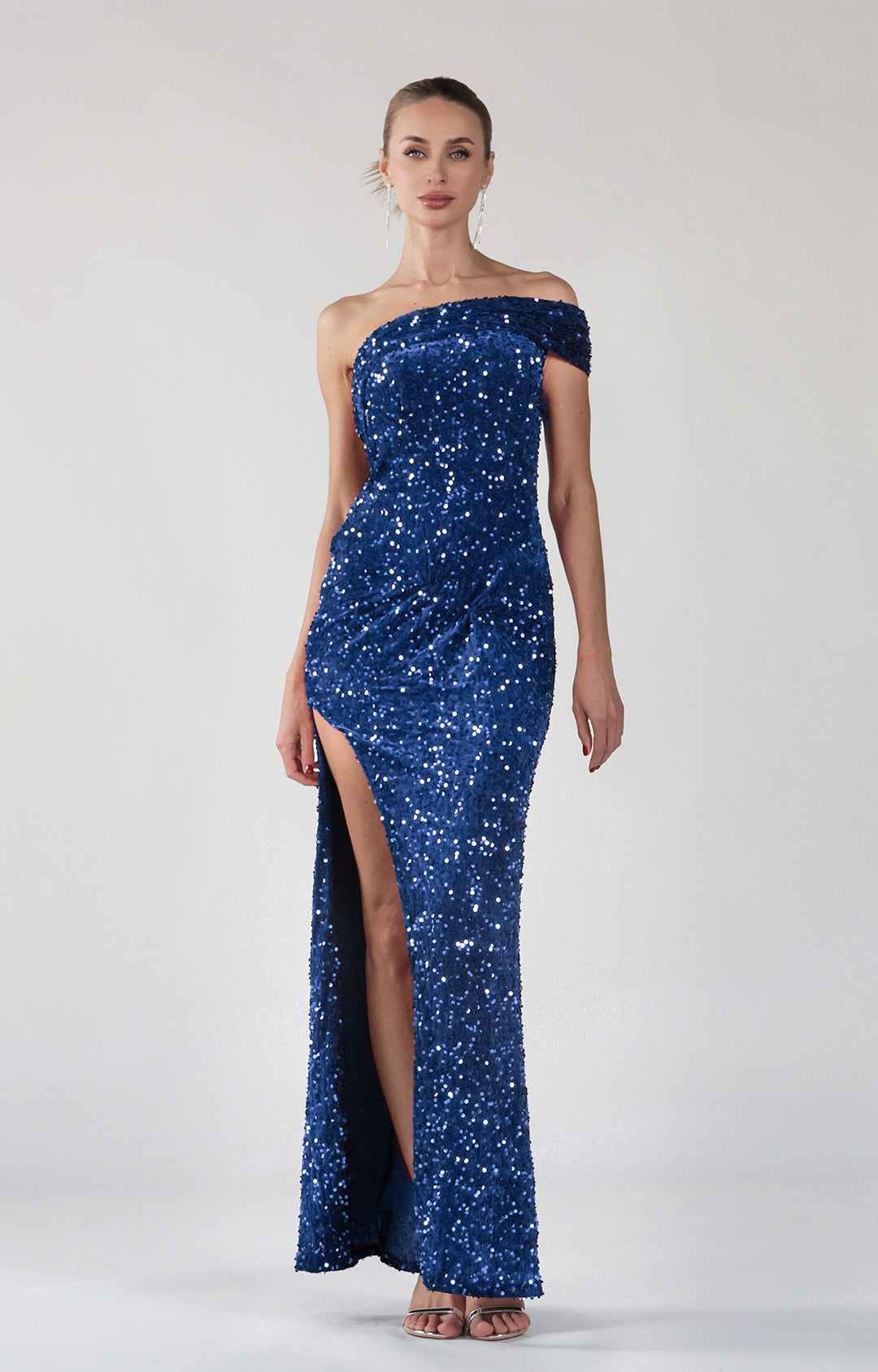 One Shoulder High Side Split Sparkly Sequins Sheath Maxi Dress