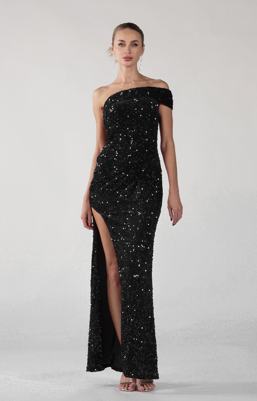 One Shoulder High Side Split Sparkly Sequins Sheath Maxi Dress