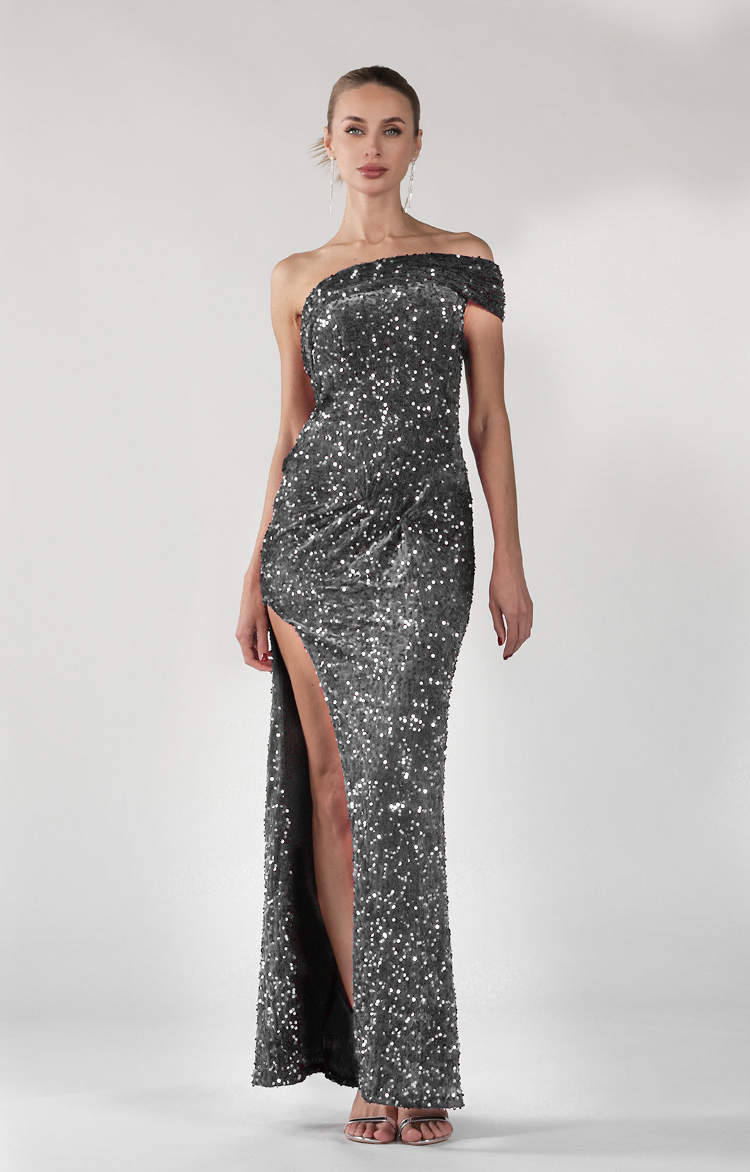 One Shoulder High Side Split Sparkly Sequins Sheath Maxi Dress