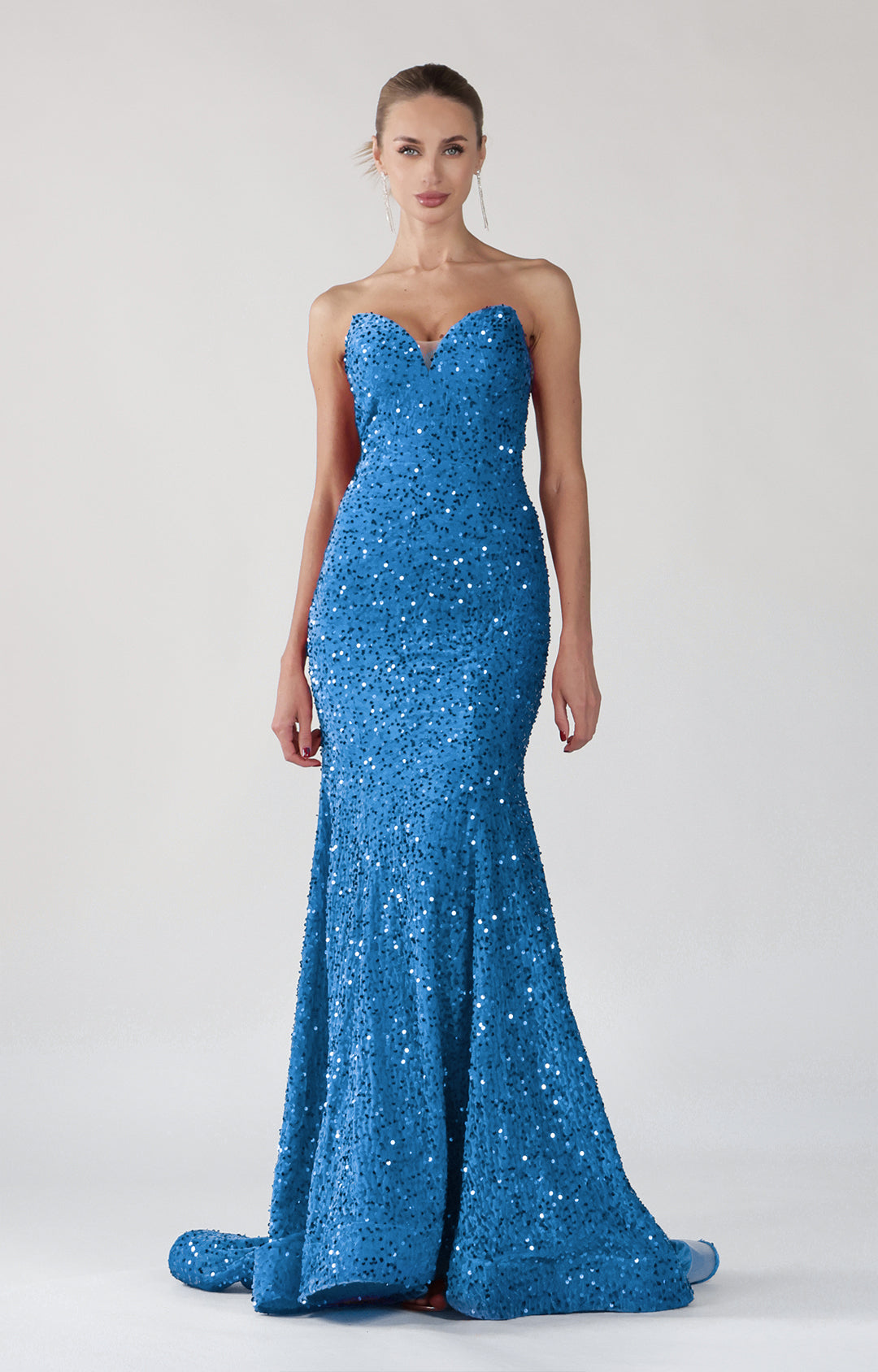 Strapless V-Neck Sequins Sweep Train Mermaid Maxi Dress