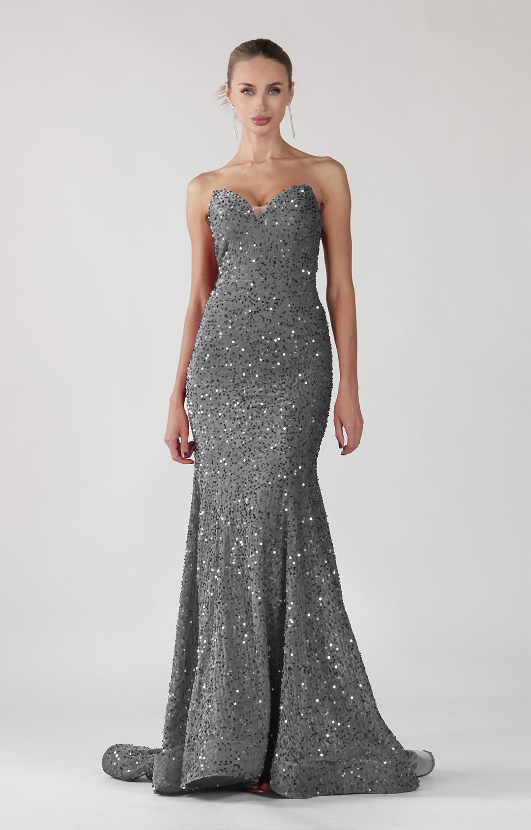 Strapless V-Neck Sequins Sweep Train Mermaid Maxi Dress
