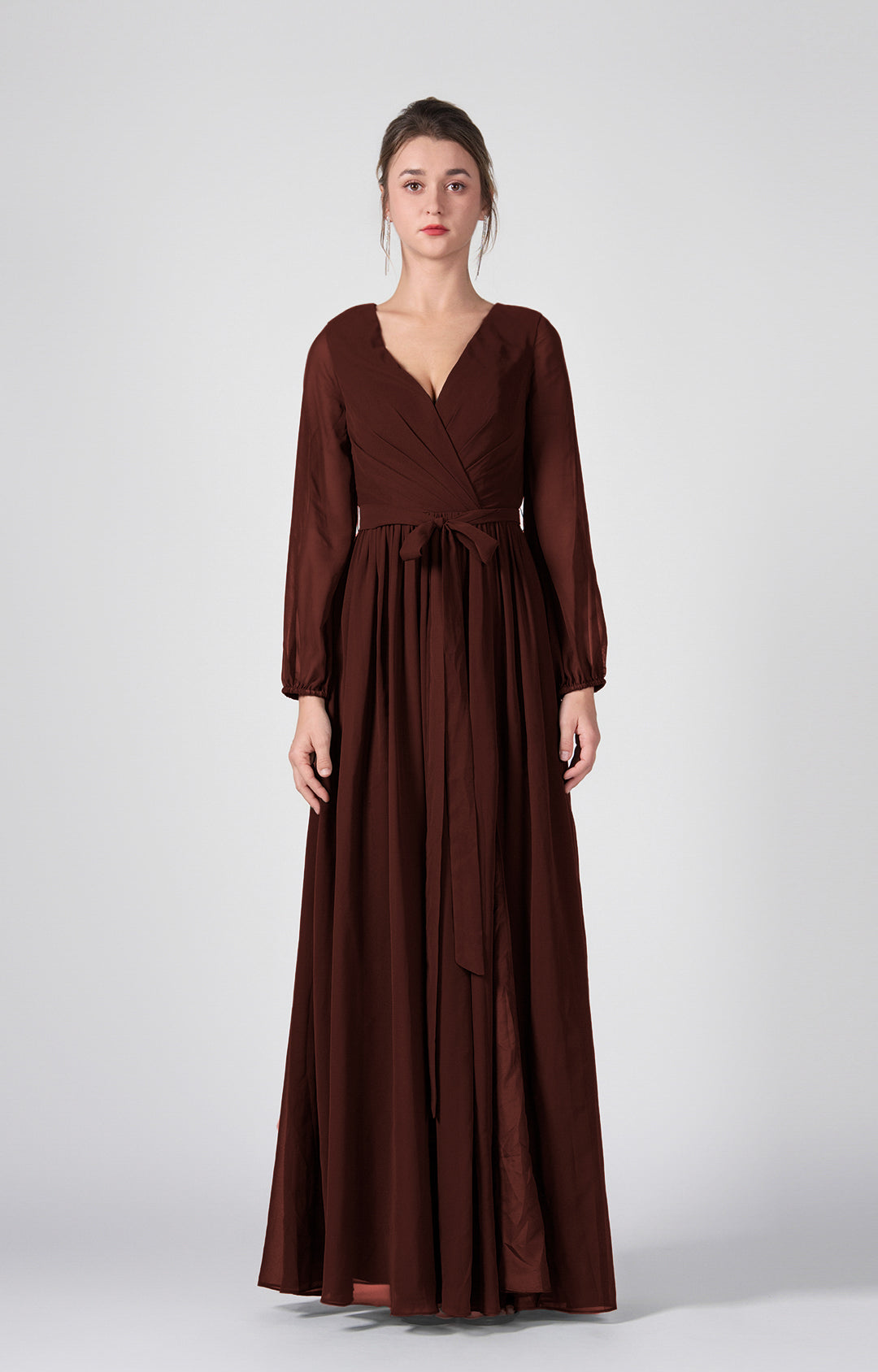 Ruched V-Neck Long Sleeve Split Maxi Dresses with Tie