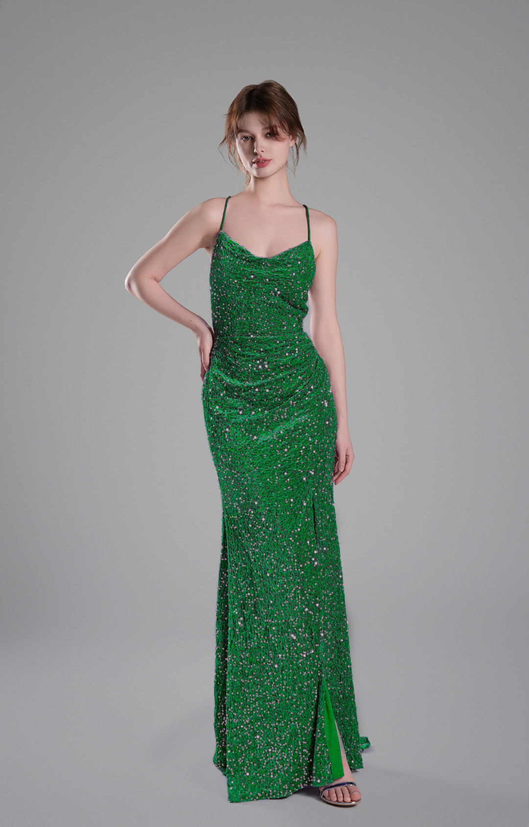 Cowl Neckline Eye-Catching Sequin Lace-Up Dresses