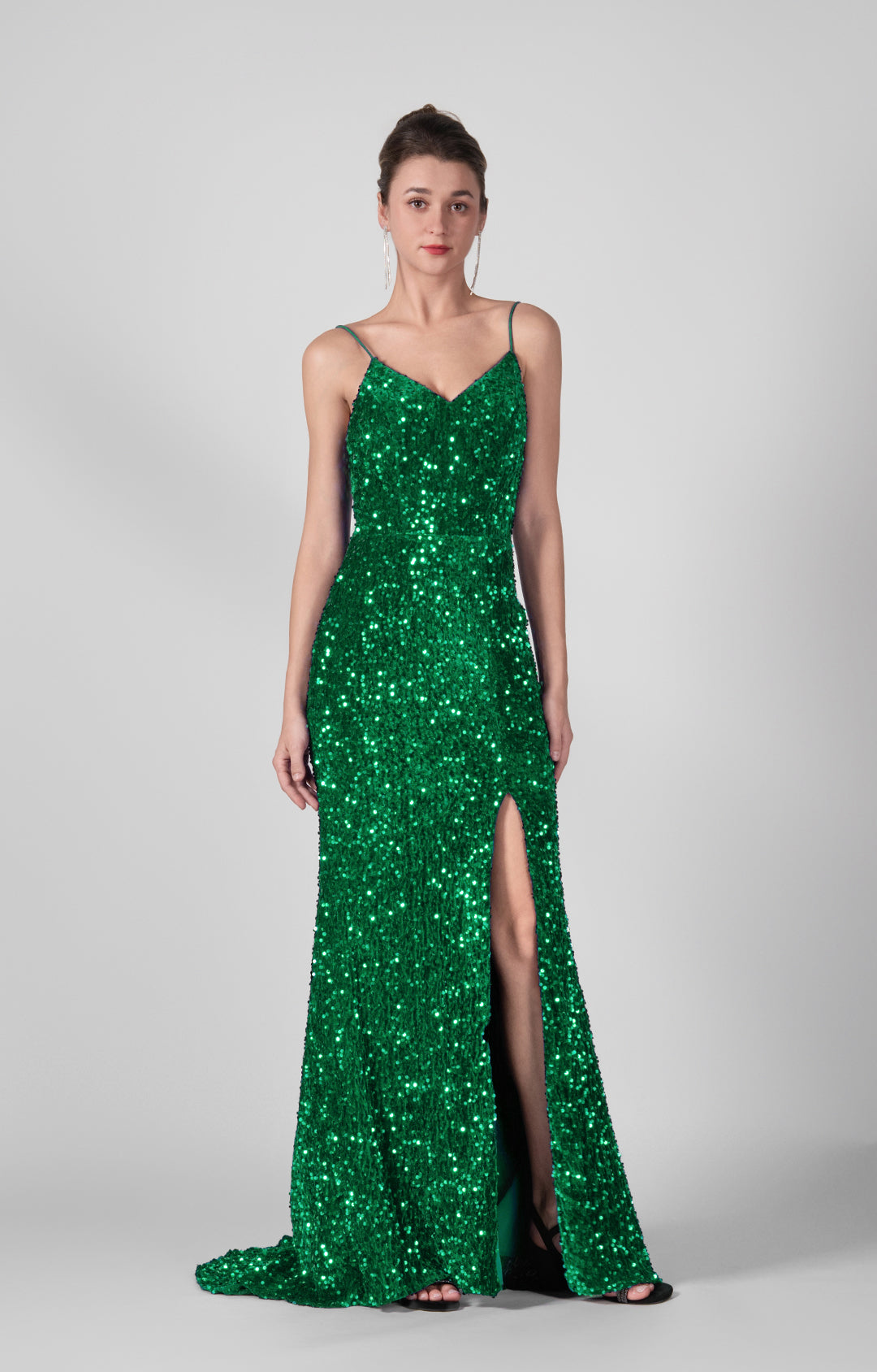 Spaghetti Straps Sequin High Slit Backless Dresses