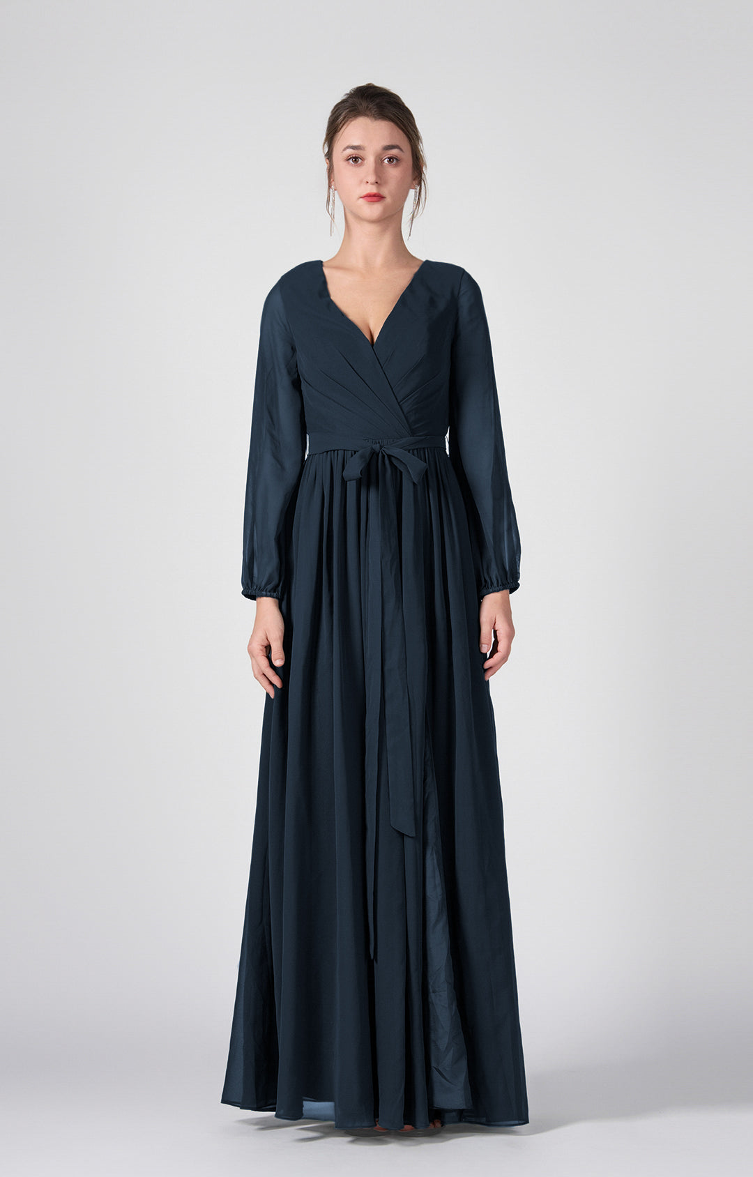 Ruched V-Neck Long Sleeve Split Maxi Dresses with Tie