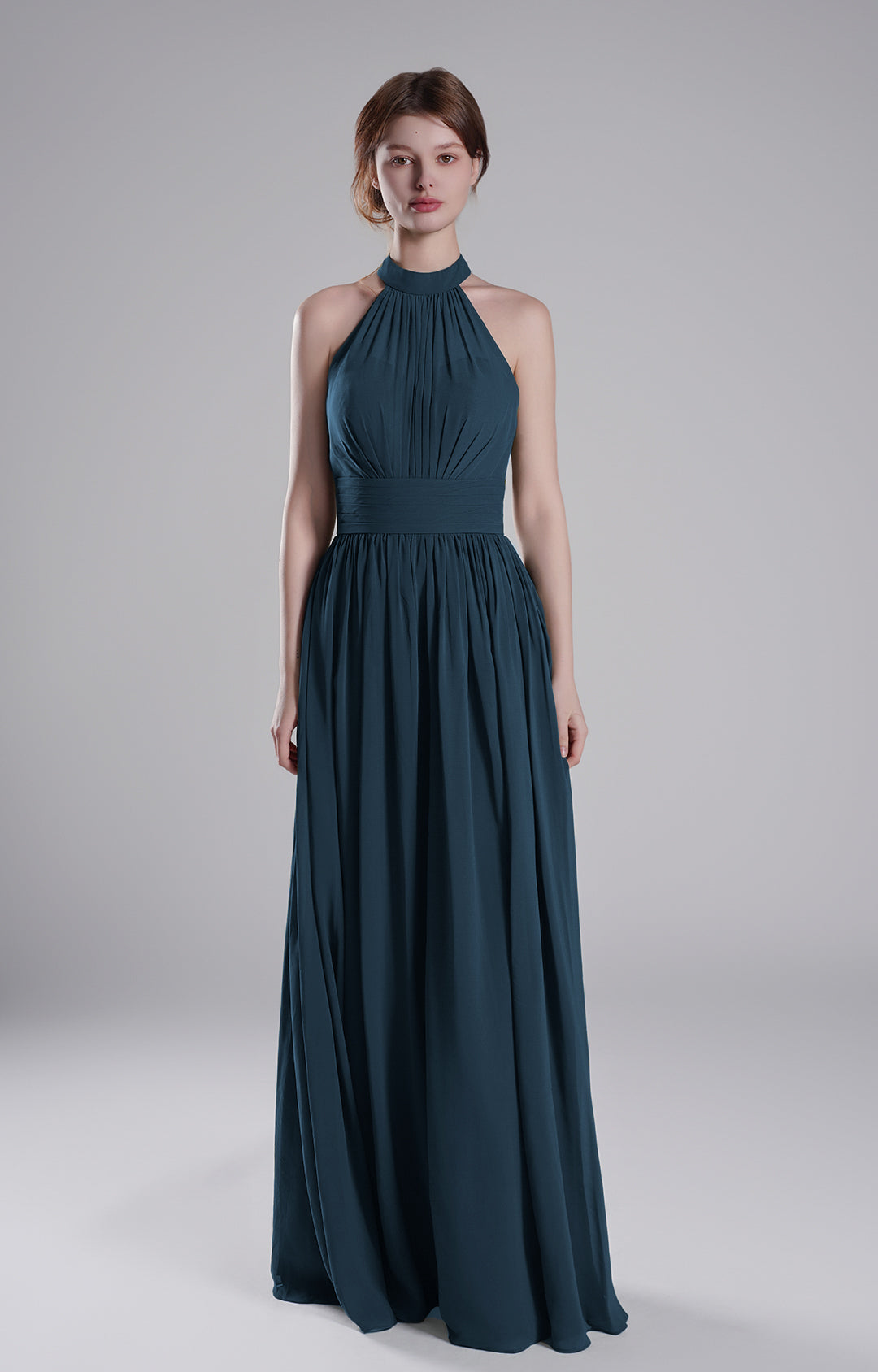 Halter Neckline Pleated Bodice Open Back A-Line Dresses – Alizeal