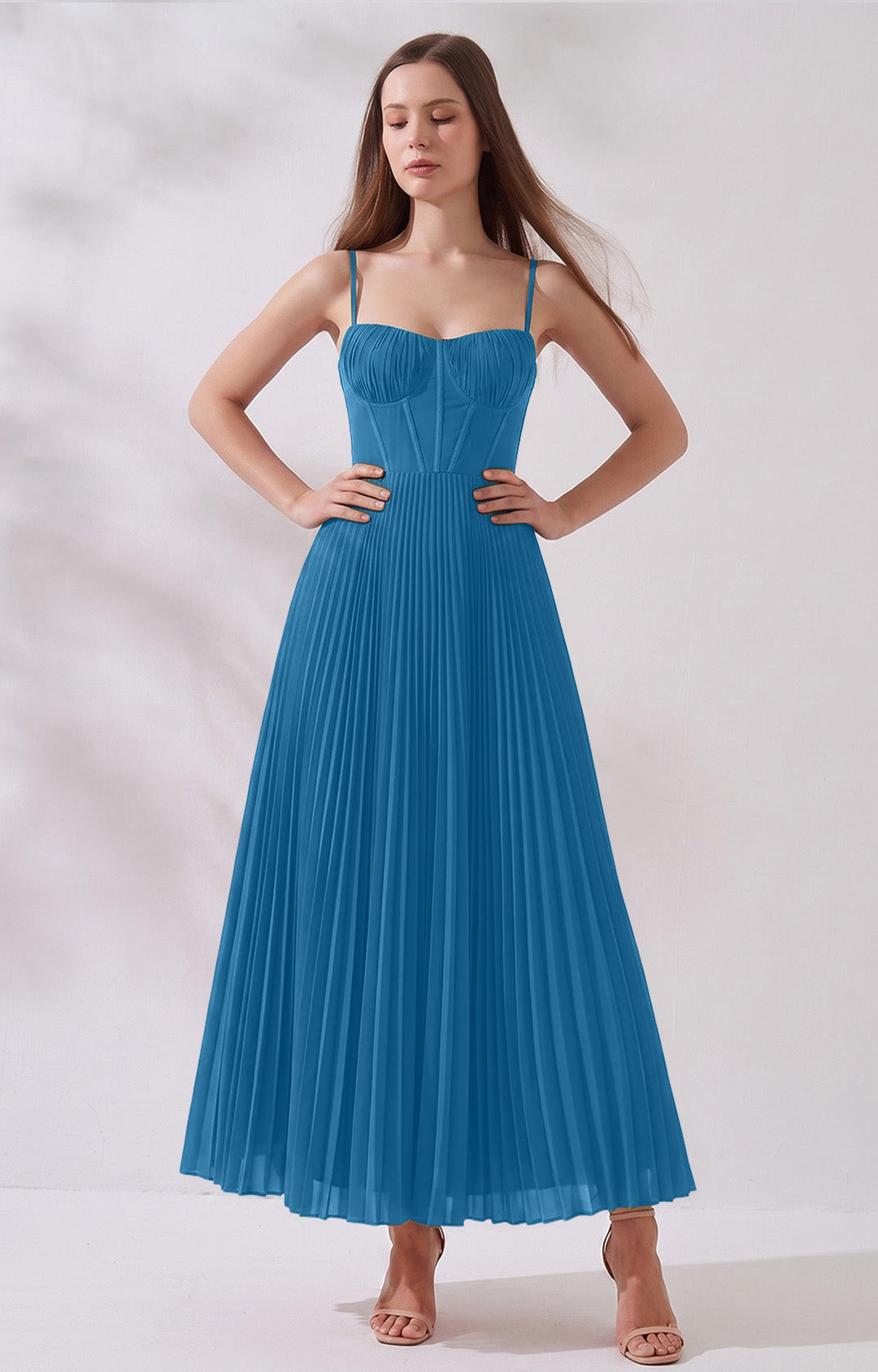 Pleated A-Line Corset Maxi Dress with Adjustable Spaghetti Straps