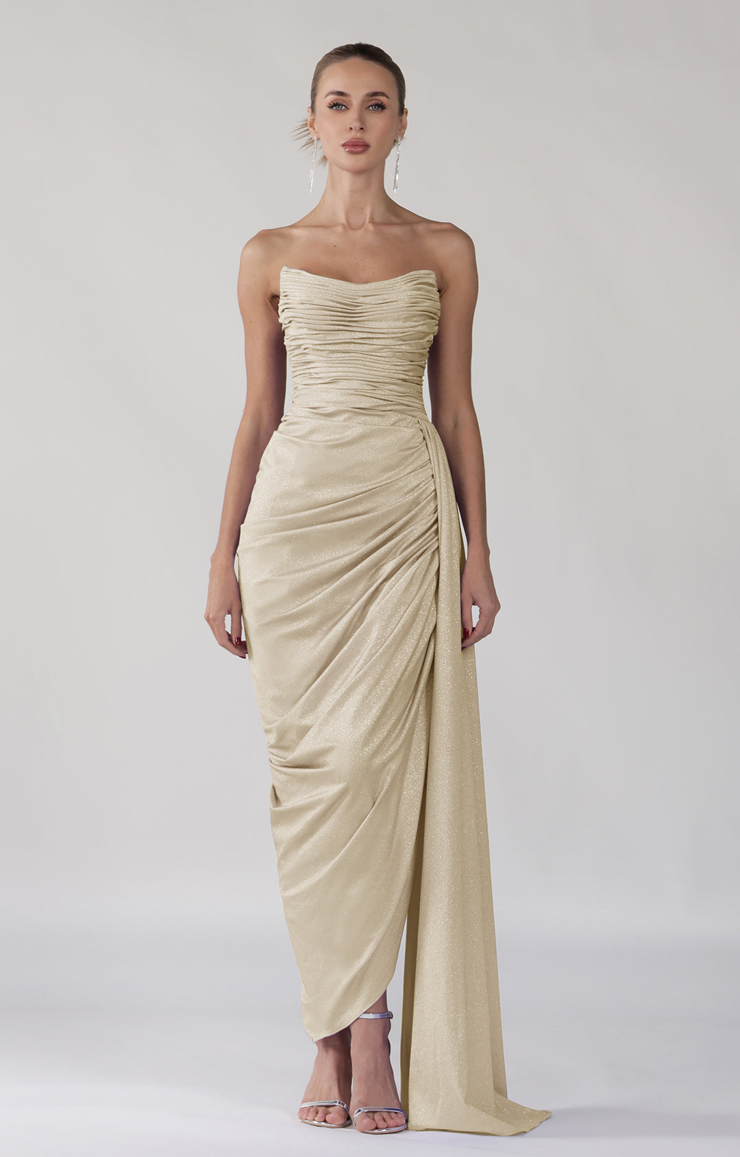 Strapless Square Collar Backless Evening Dress with Pleats