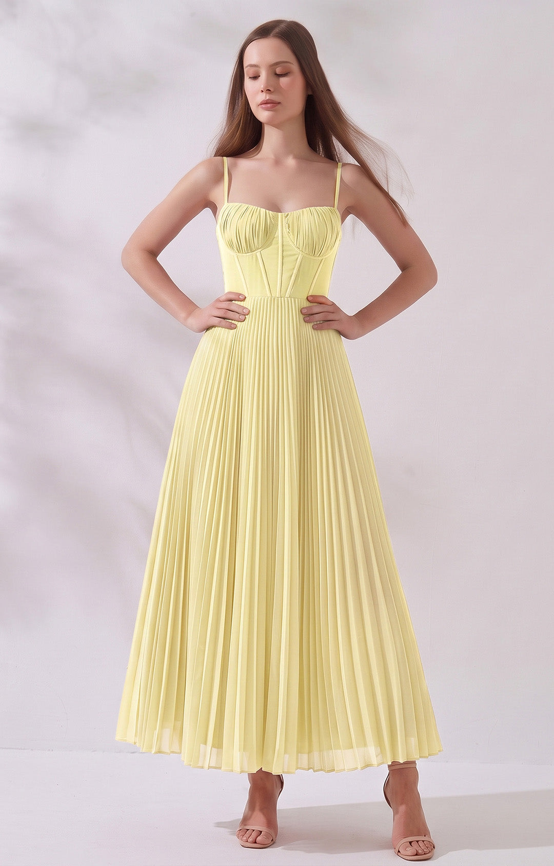 Pleated A-Line Corset Maxi Dress with Adjustable Spaghetti Straps