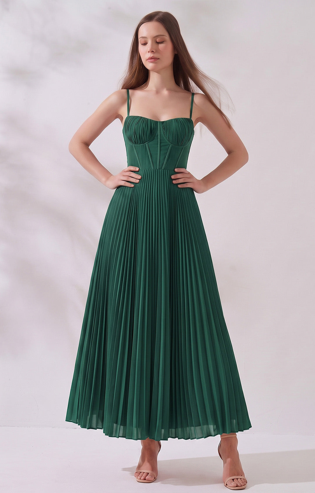 Pleated A-Line Corset Maxi Dress with Adjustable Spaghetti Straps