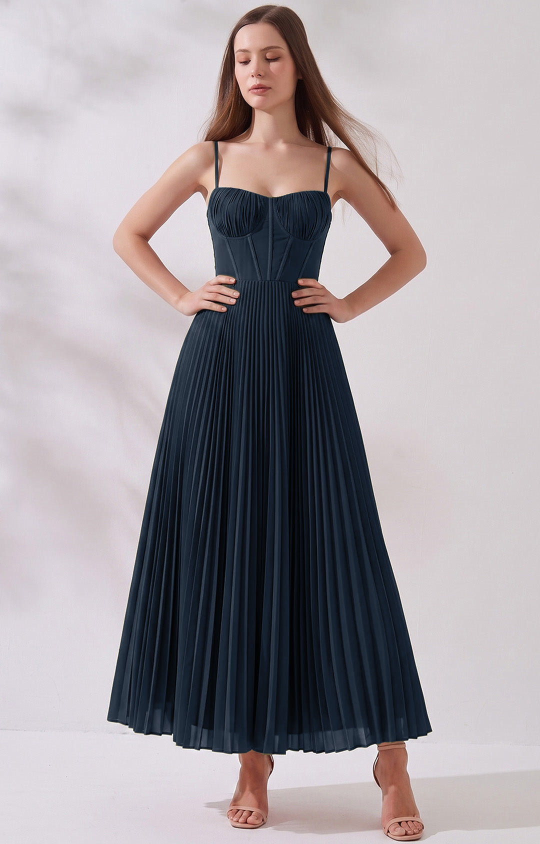 Pleated A-Line Corset Maxi Dress with Adjustable Spaghetti Straps