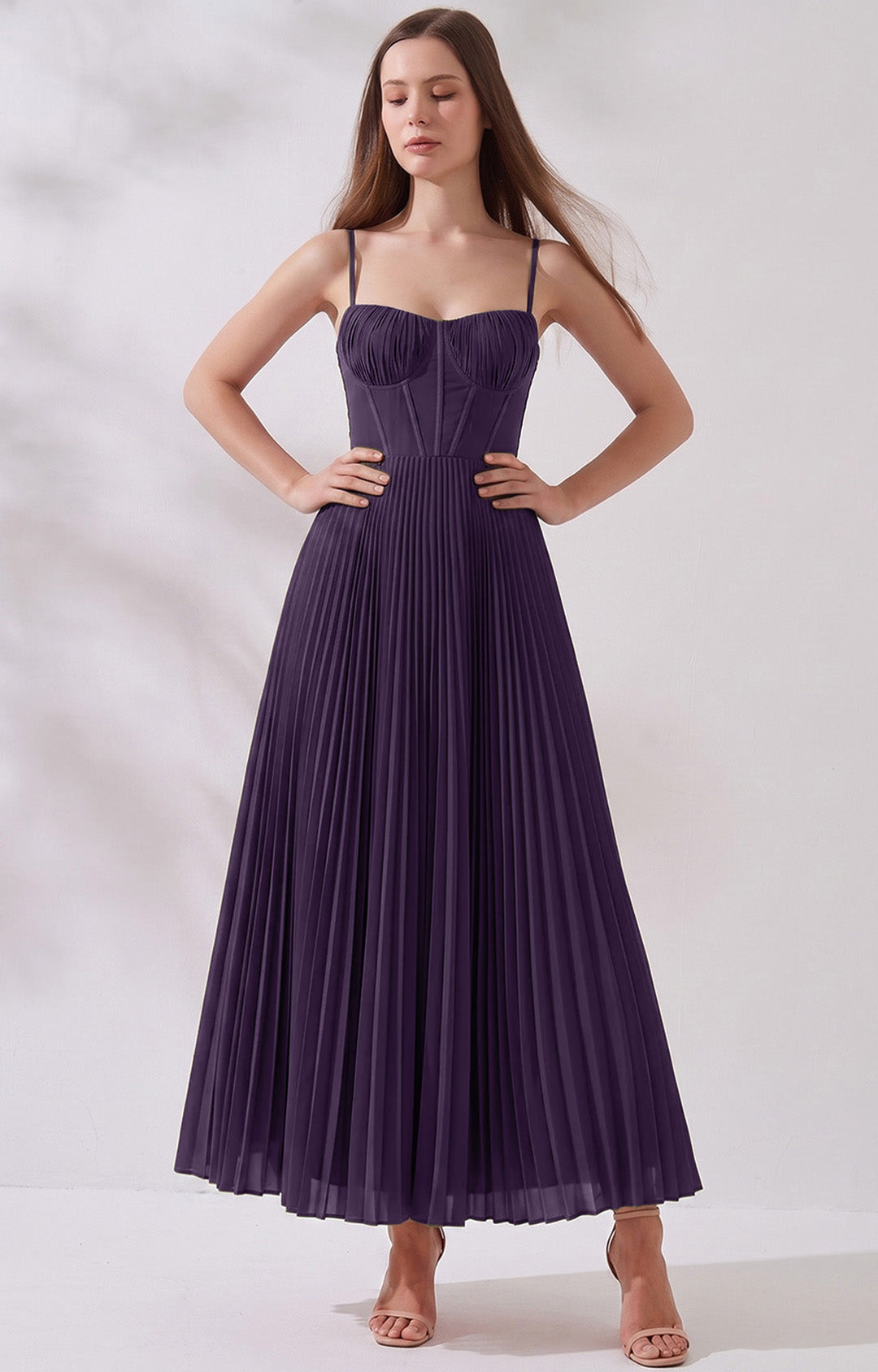 Pleated A-Line Corset Maxi Dress with Adjustable Spaghetti Straps