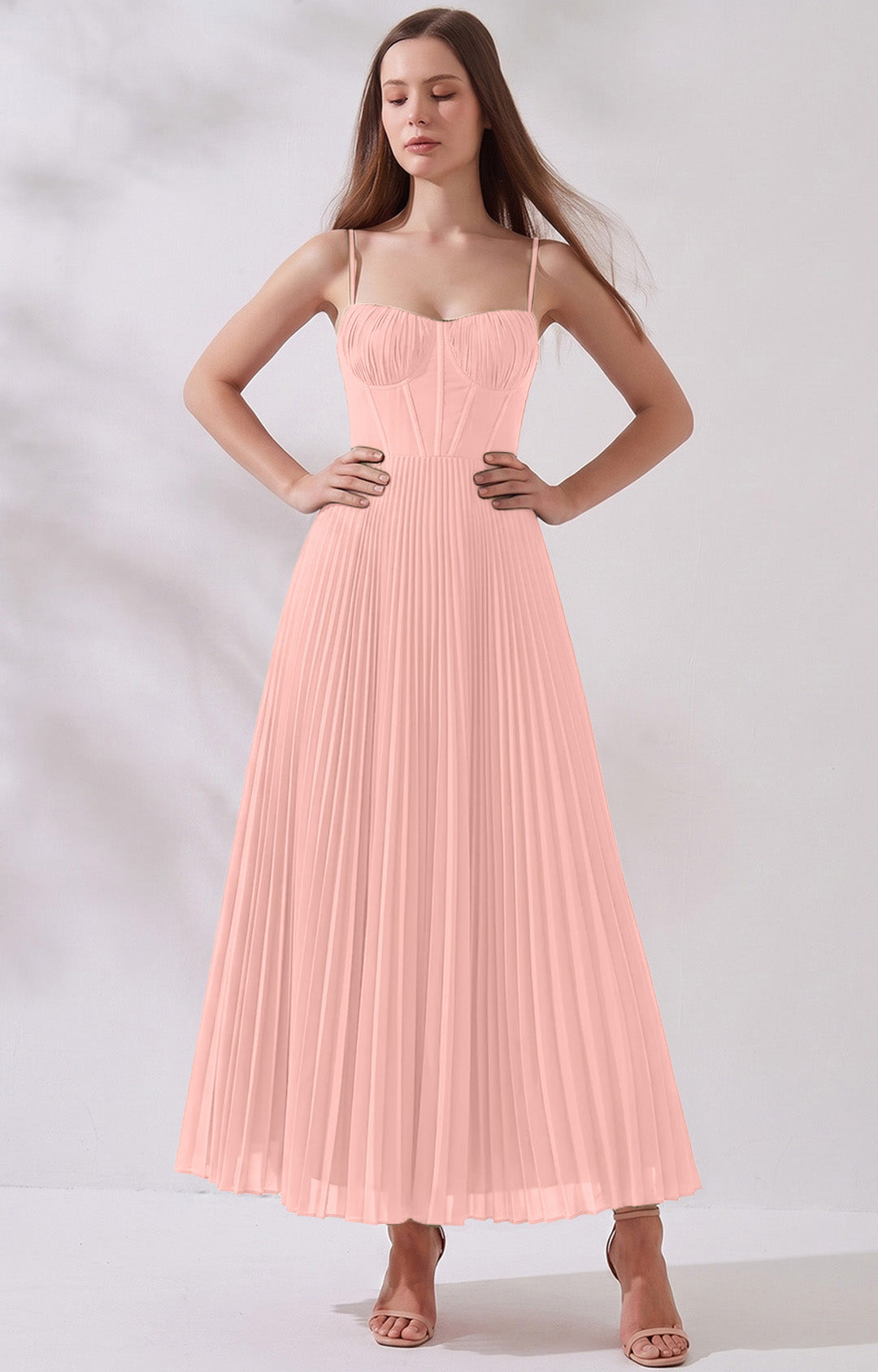 Pleated A-Line Corset Maxi Dress with Adjustable Spaghetti Straps