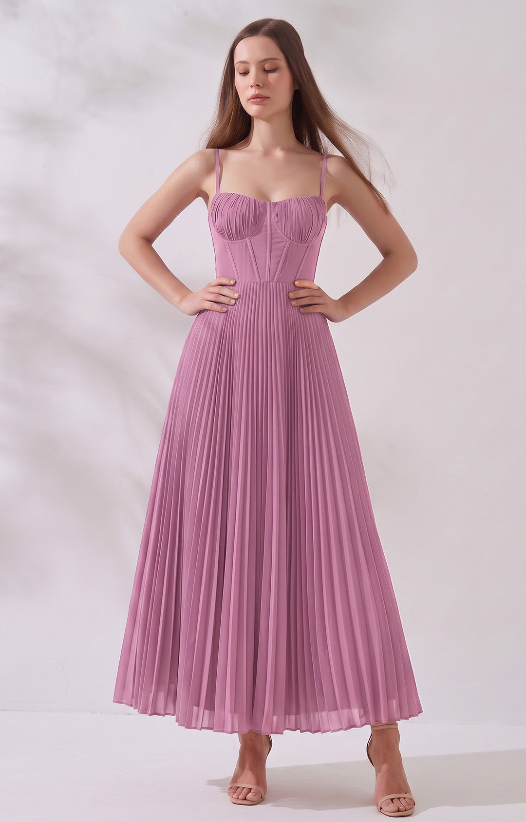 Pleated A-Line Corset Maxi Dress with Adjustable Spaghetti Straps