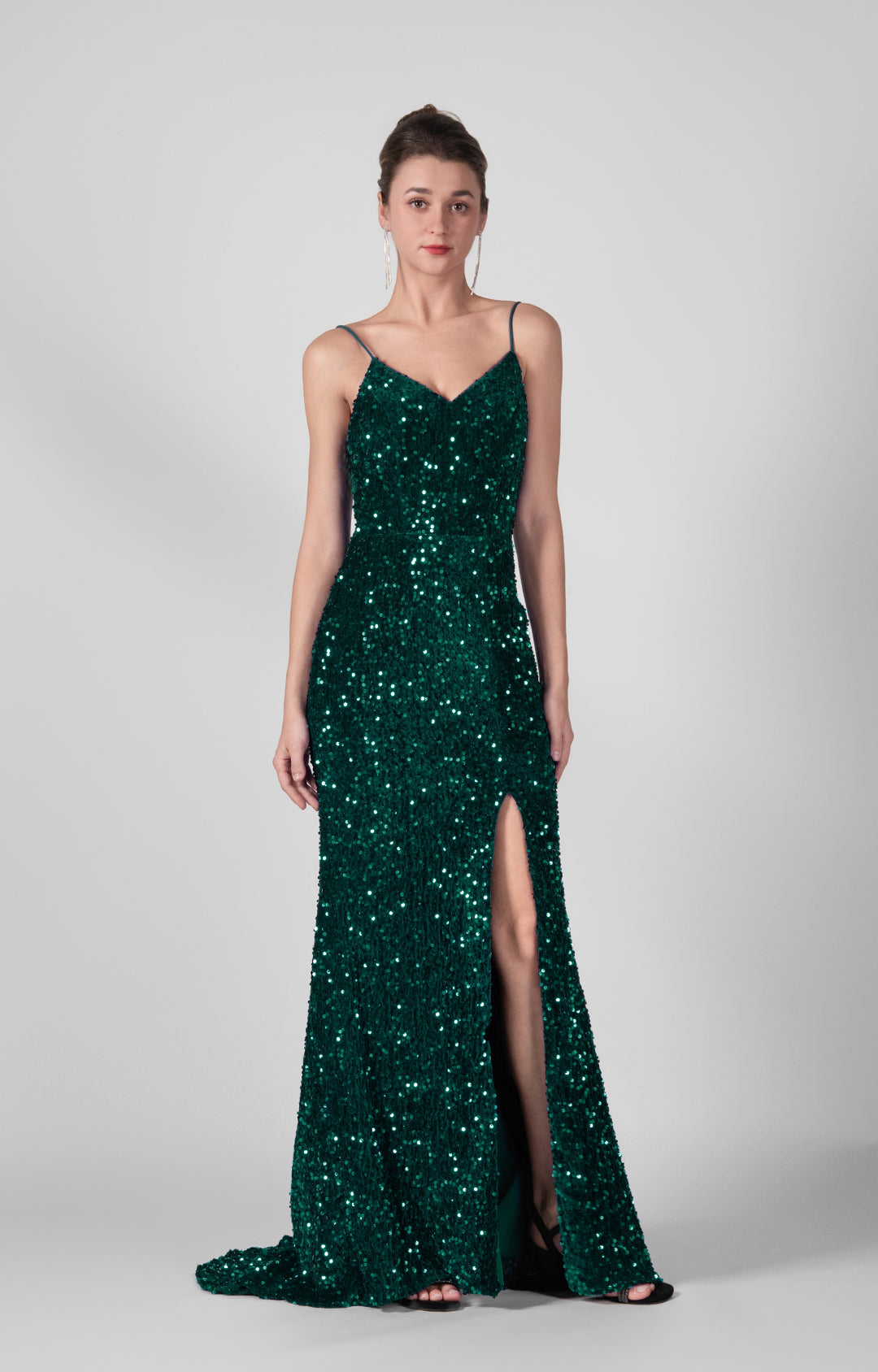 Spaghetti Straps Sequin High Slit Backless Dresses