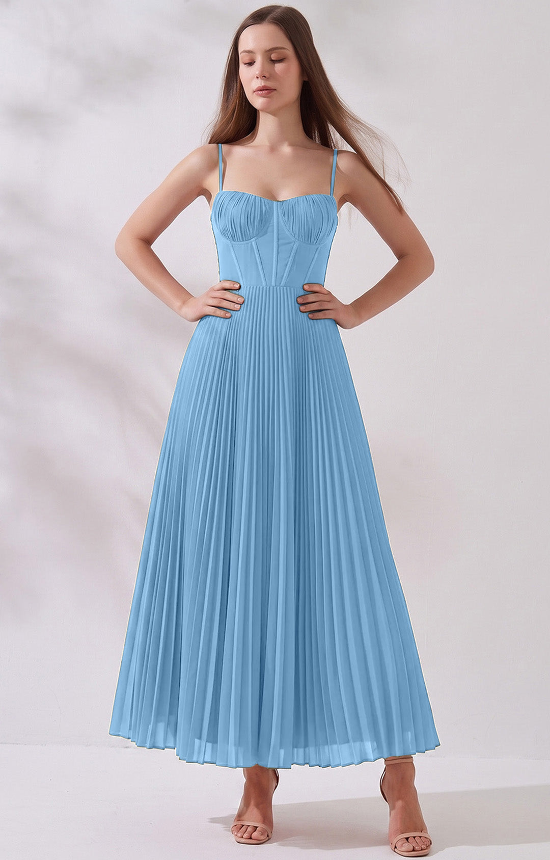 Pleated A-Line Corset Maxi Dress with Adjustable Spaghetti Straps