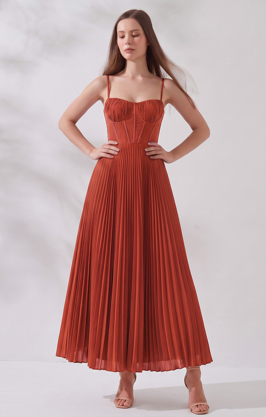 Pleated A-Line Corset Maxi Dress with Adjustable Spaghetti Straps