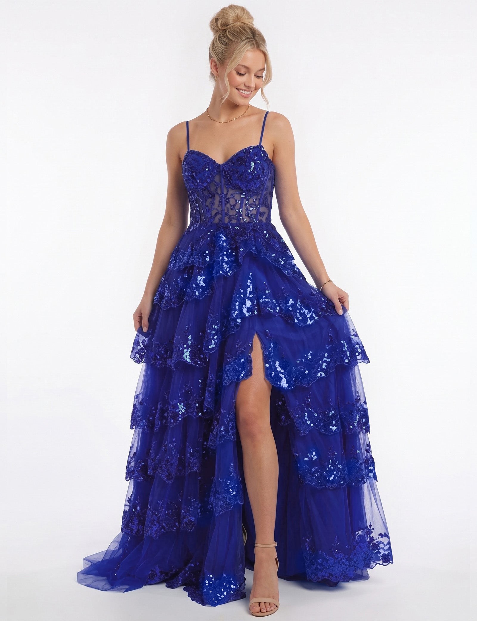 Sweetheart Spaghetti Strap Sequin Tiered Tulle Prom Dress