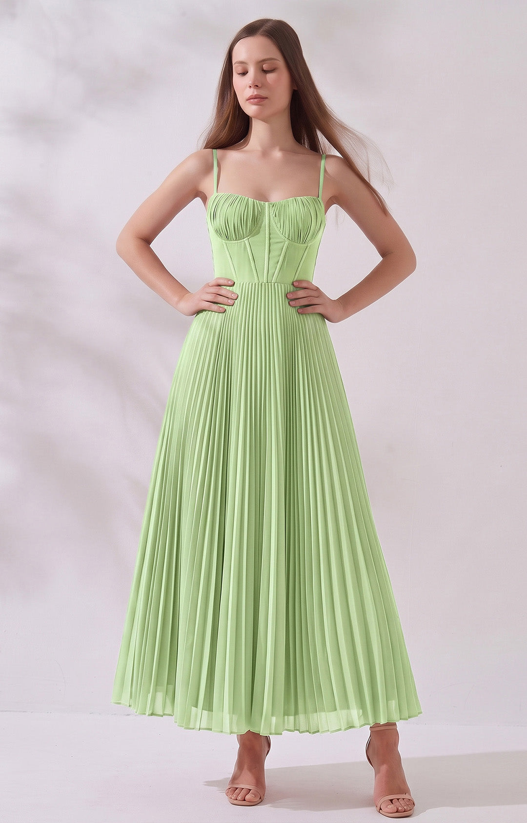 Pleated A-Line Corset Maxi Dress with Adjustable Spaghetti Straps