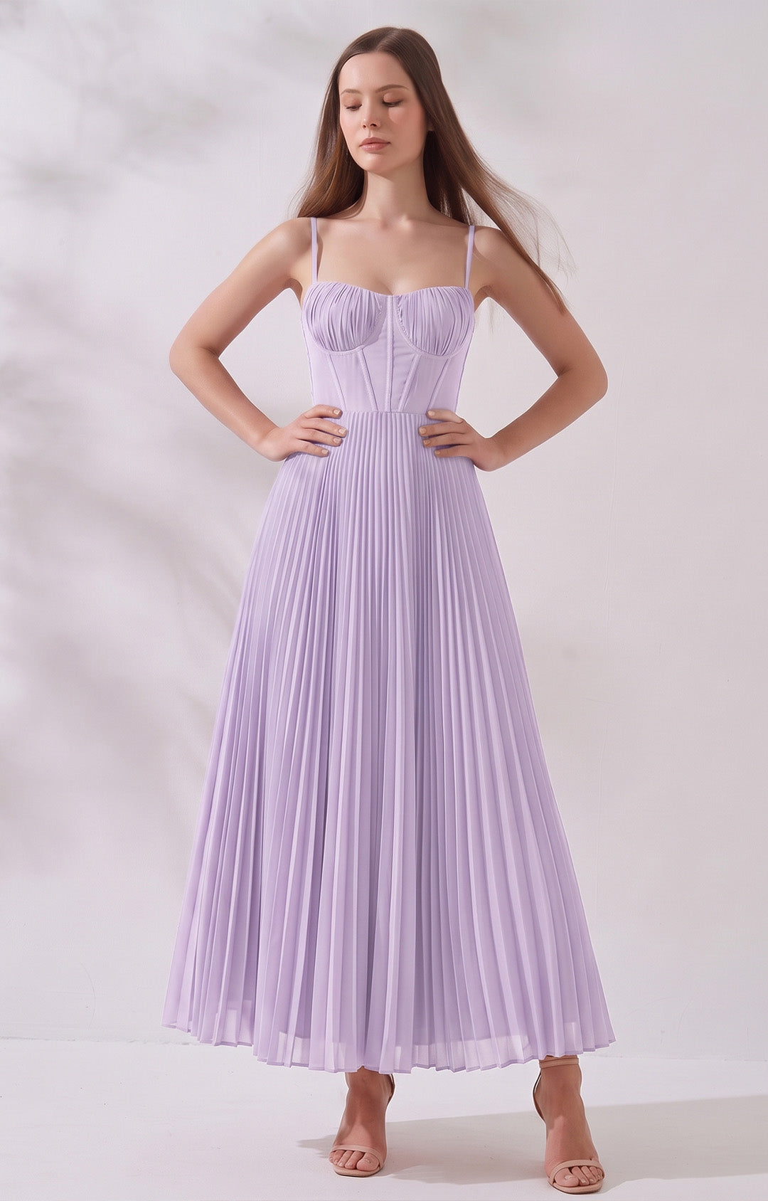 Pleated A-Line Corset Maxi Dress with Adjustable Spaghetti Straps