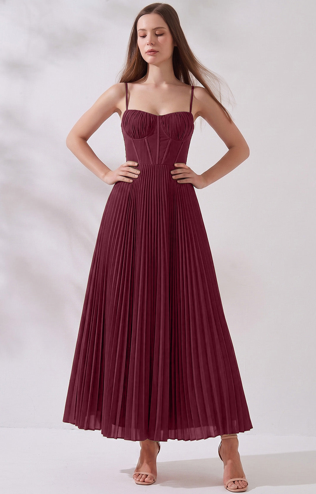 Pleated A-Line Corset Maxi Dress with Adjustable Spaghetti Straps