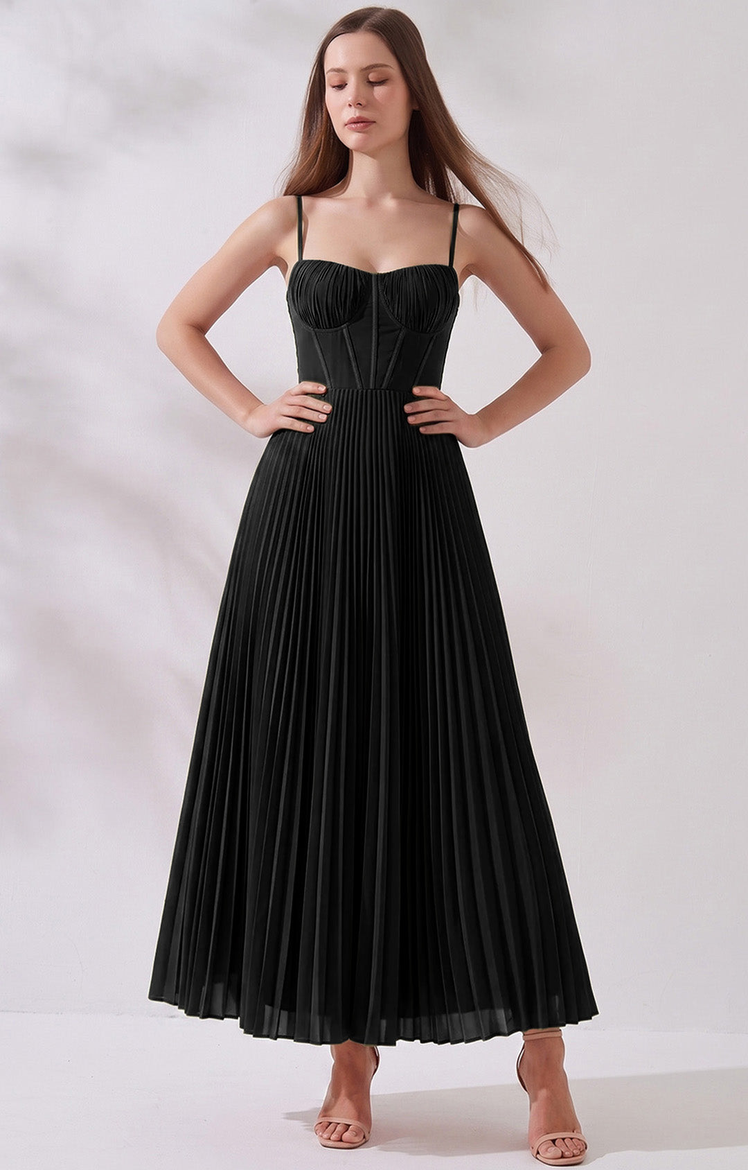 Pleated A-Line Corset Maxi Dress with Adjustable Spaghetti Straps
