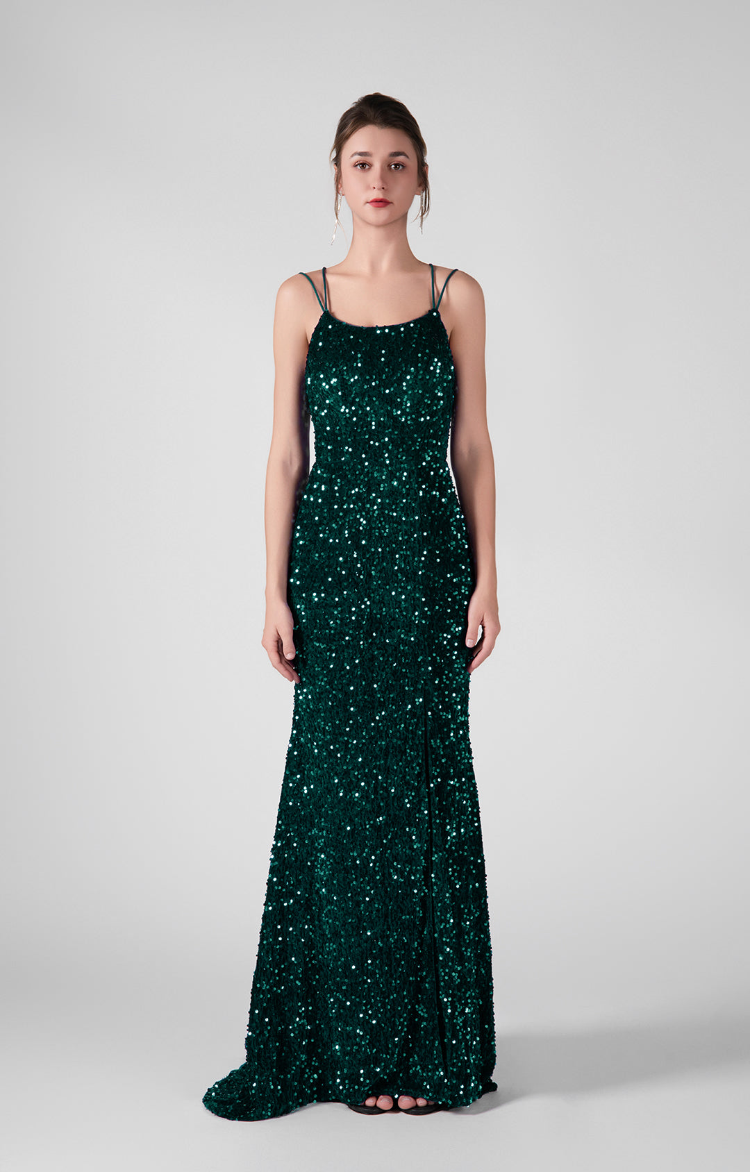 Sparkling Sequin Bodice High Slit Cross Straps Dresses