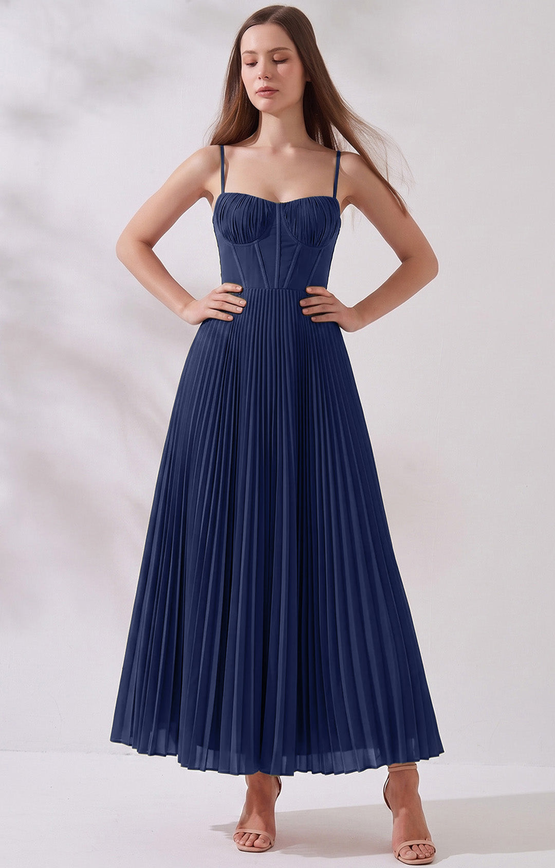 Pleated A-Line Corset Maxi Dress with Adjustable Spaghetti Straps