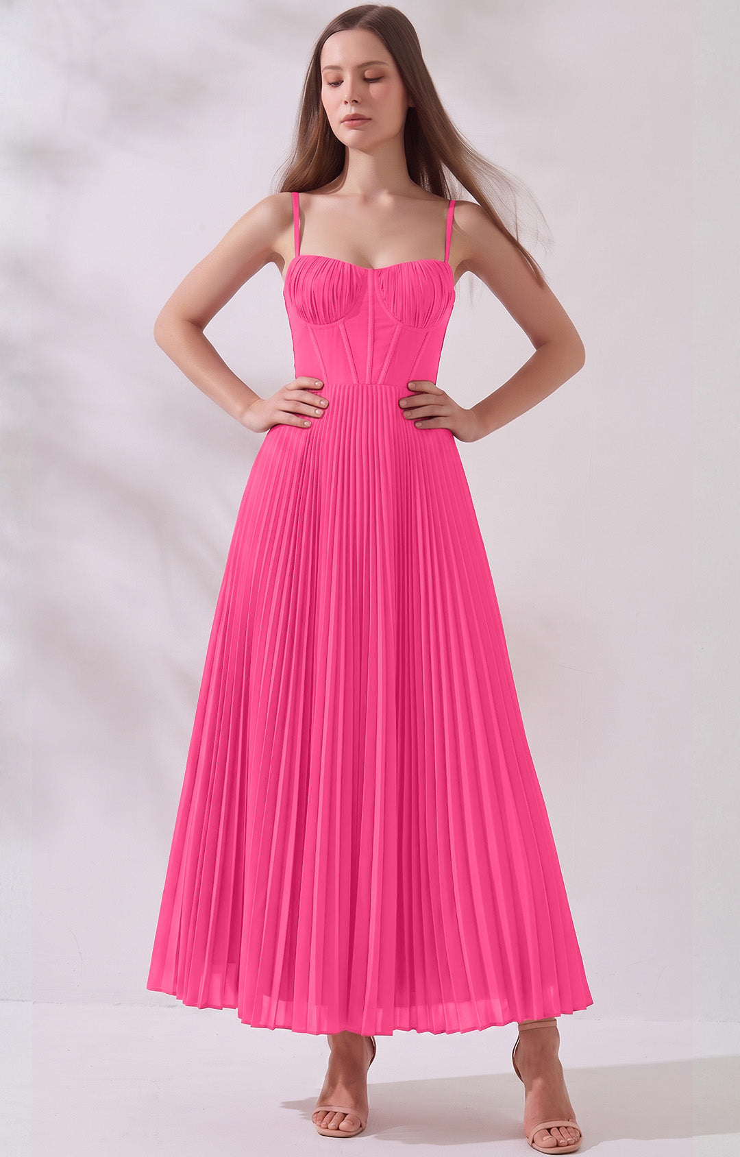 Pleated A-Line Corset Maxi Dress with Adjustable Spaghetti Straps