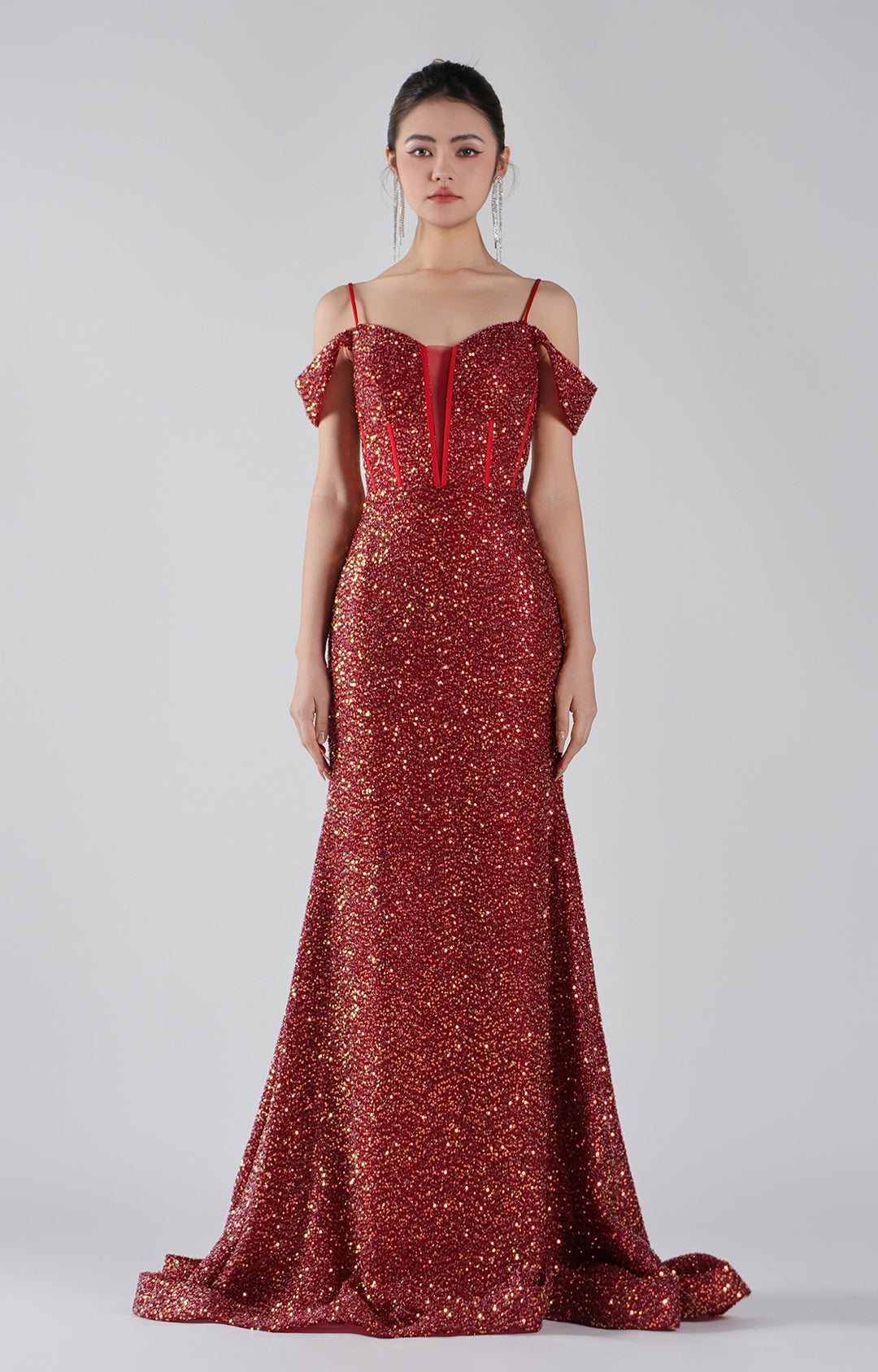 Sequin Drop Shoulder Backless Mermaid Evening Dress