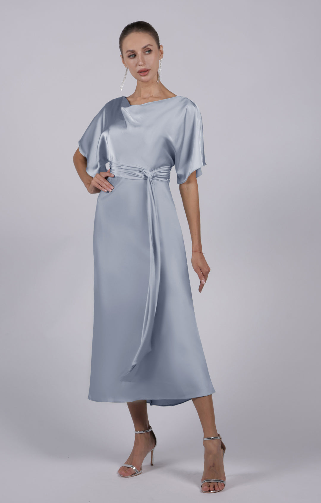 Round Neck Half Sleeves Long Belt Midi Bridesmaid Dress