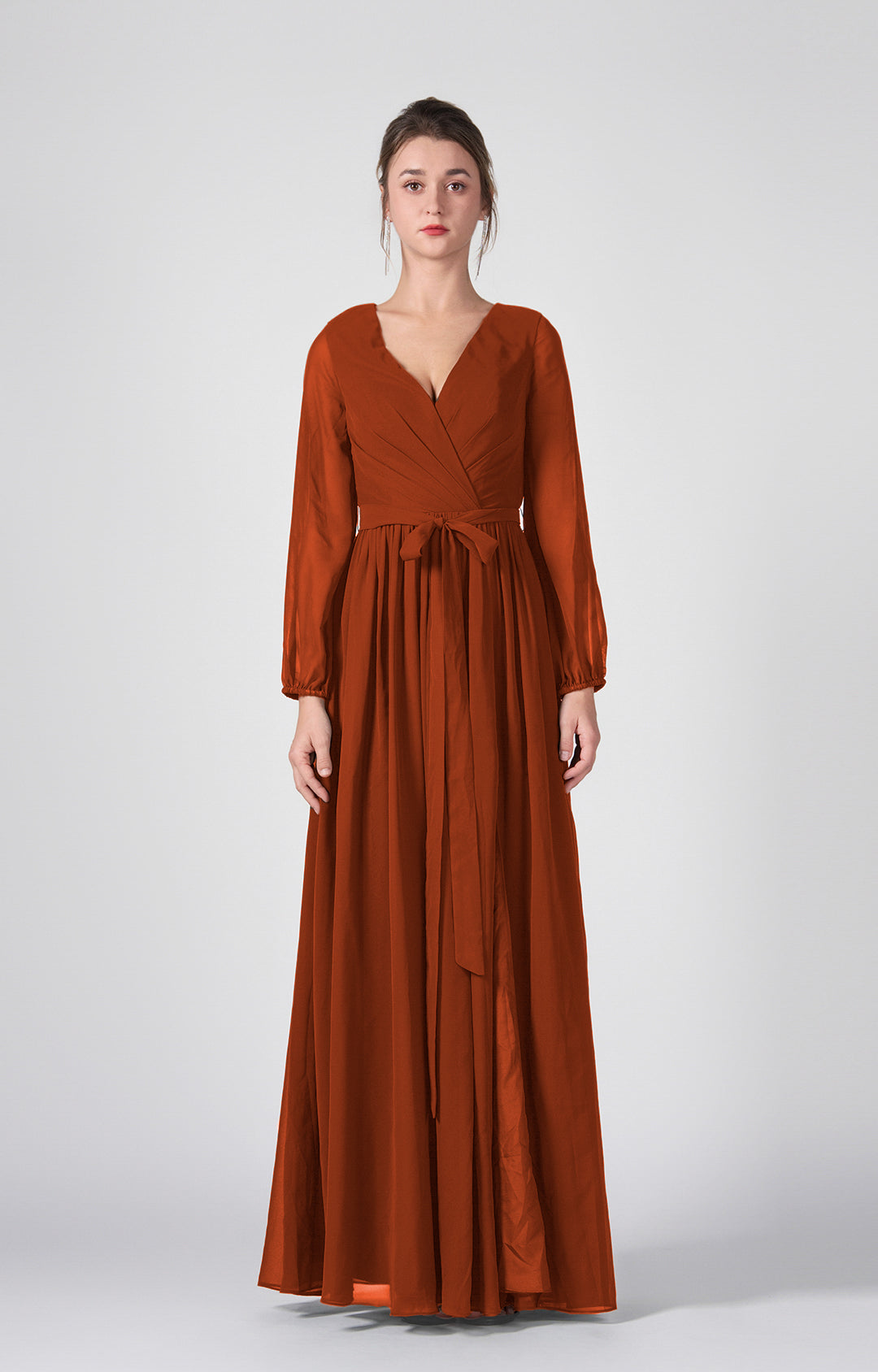 Ruched V-Neck Long Sleeve Split Maxi Dresses with Tie