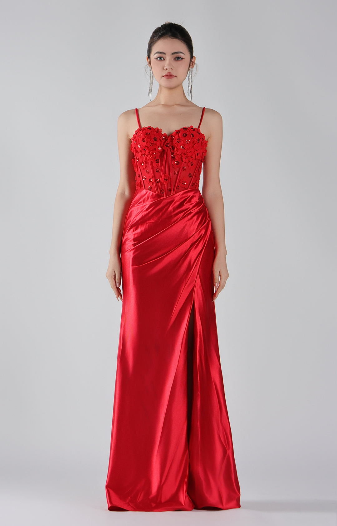 Appliqued Corset Pleated Split Prom Dress