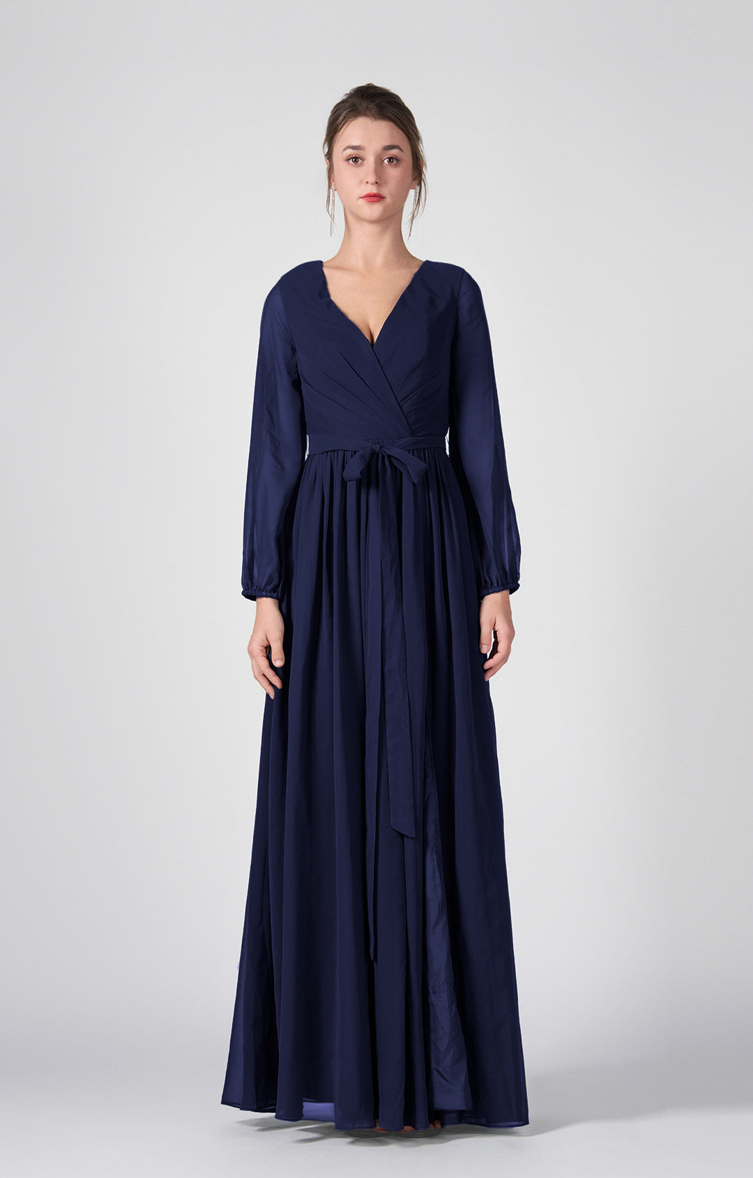 Ruched V-Neck Long Sleeve Split Maxi Dresses with Tie