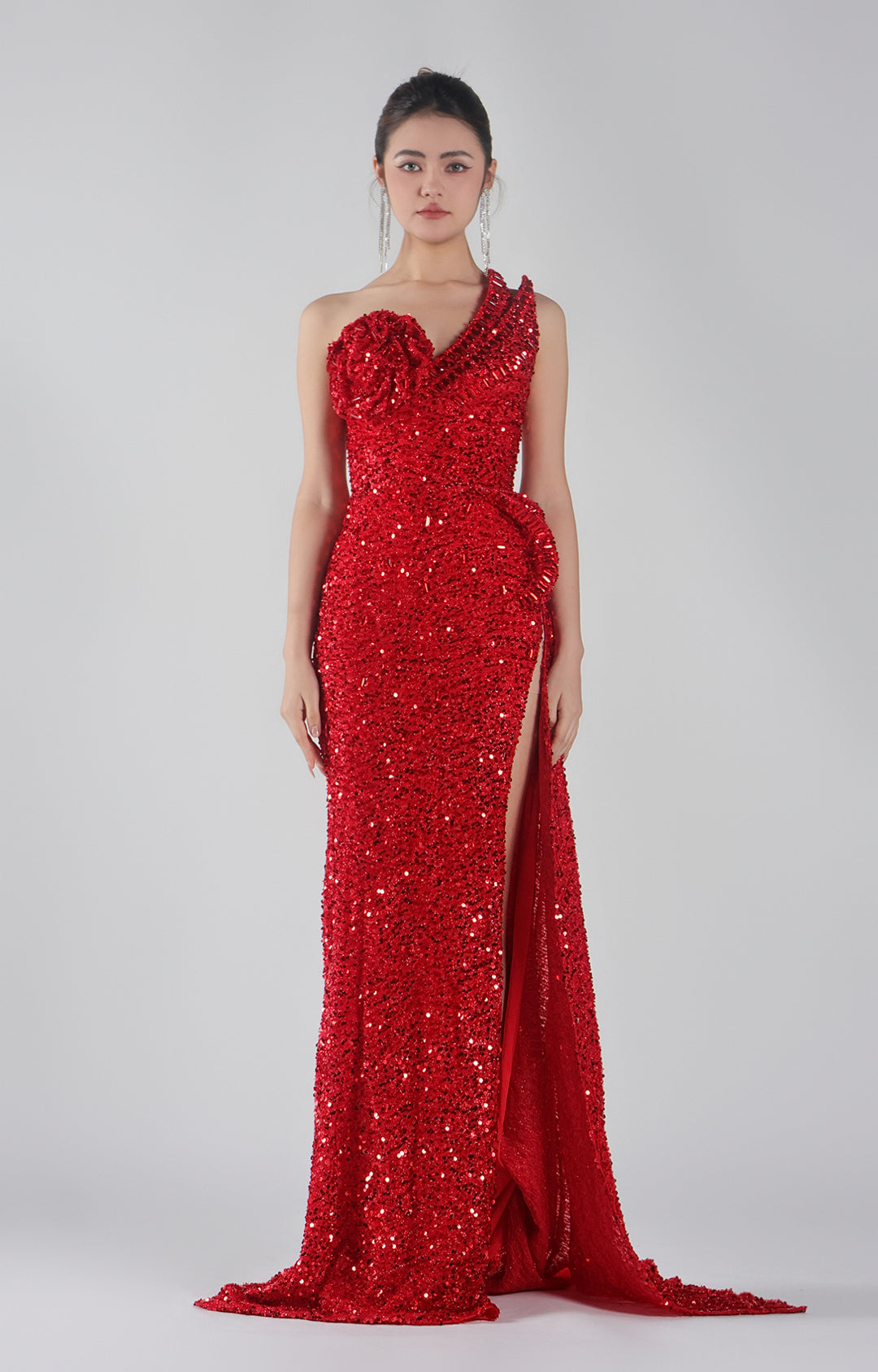 One-Shoulder 3D Rose Design Neckline High Slit Dresses