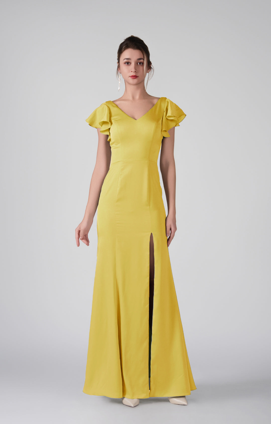 Flutter Sleeves V-Neck Fitted Front Slit Dresses