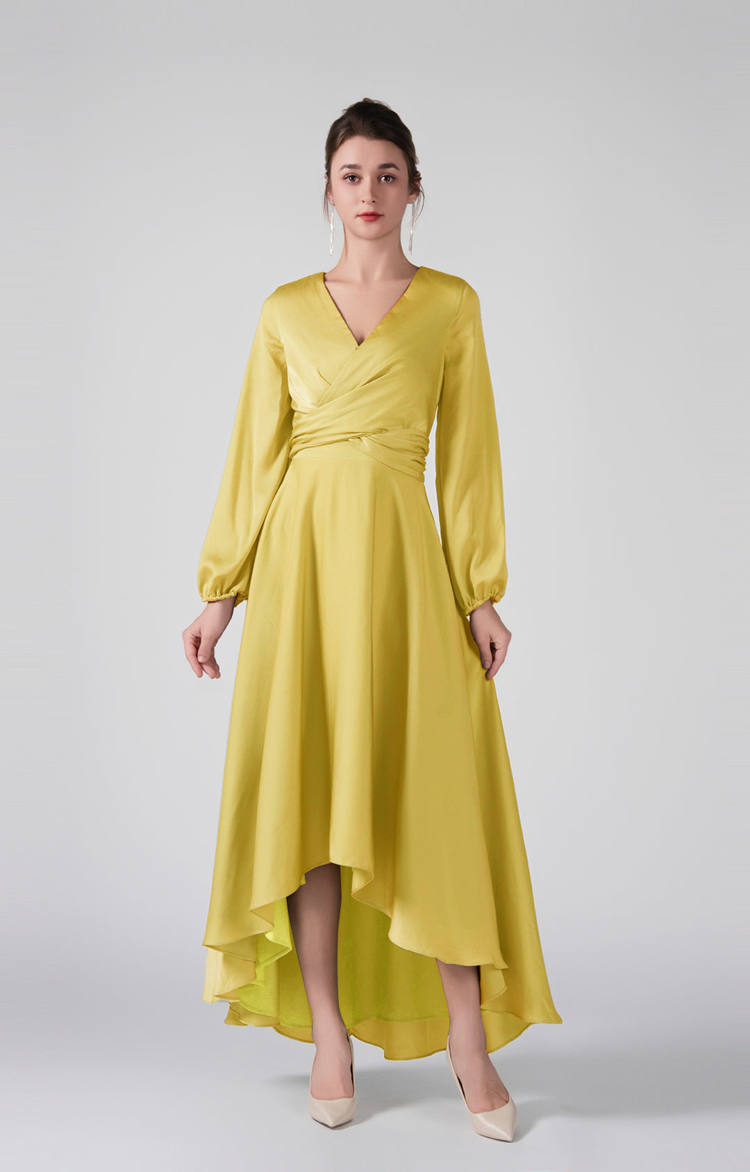 Elegant V-Neck Long Sleeves Wrapped Bodice High-Low Dresses